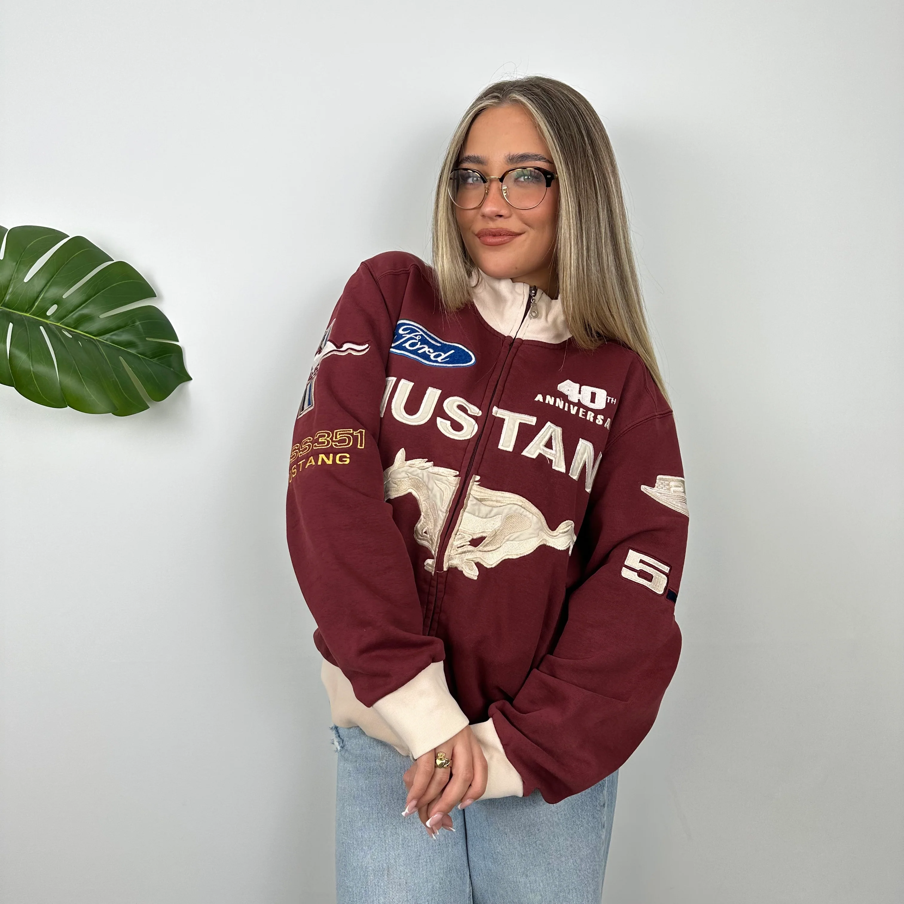 Ford Mustang Racing Maroon Embroidered Spell Out Zip Up Jacket (M) - Image 8