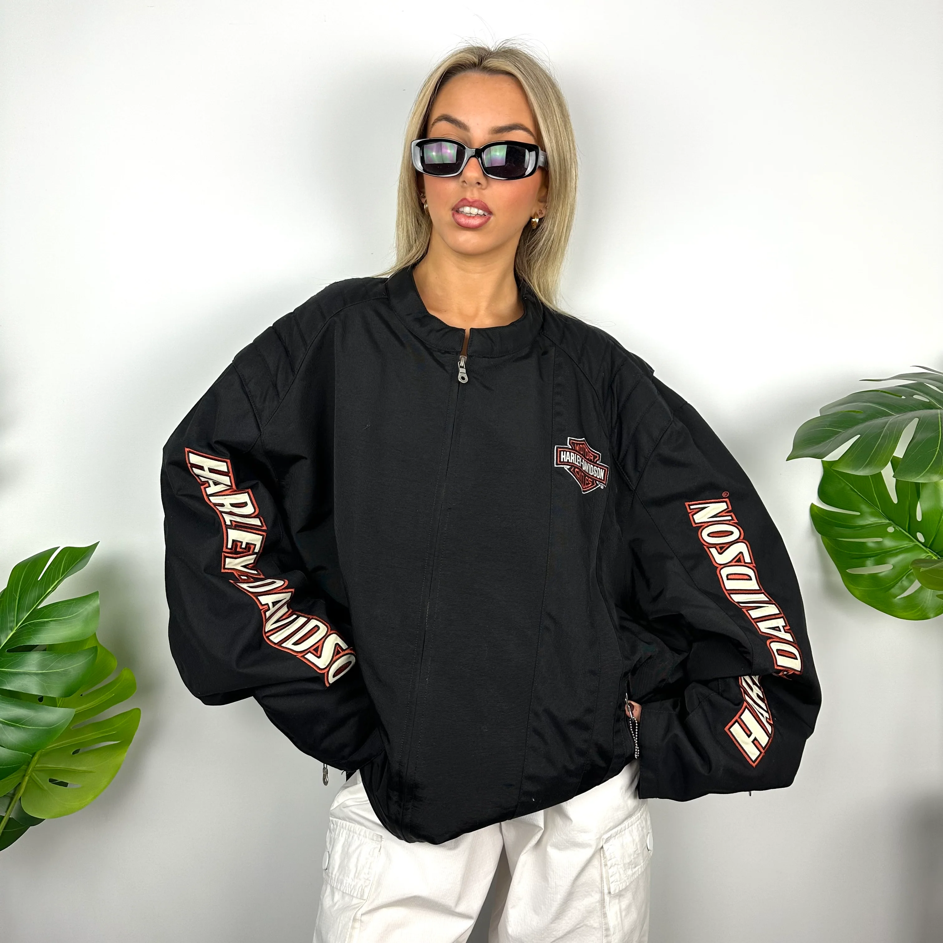 Harley Davidson Black Embroidered Spell Out Windbreaker Jacket (M)