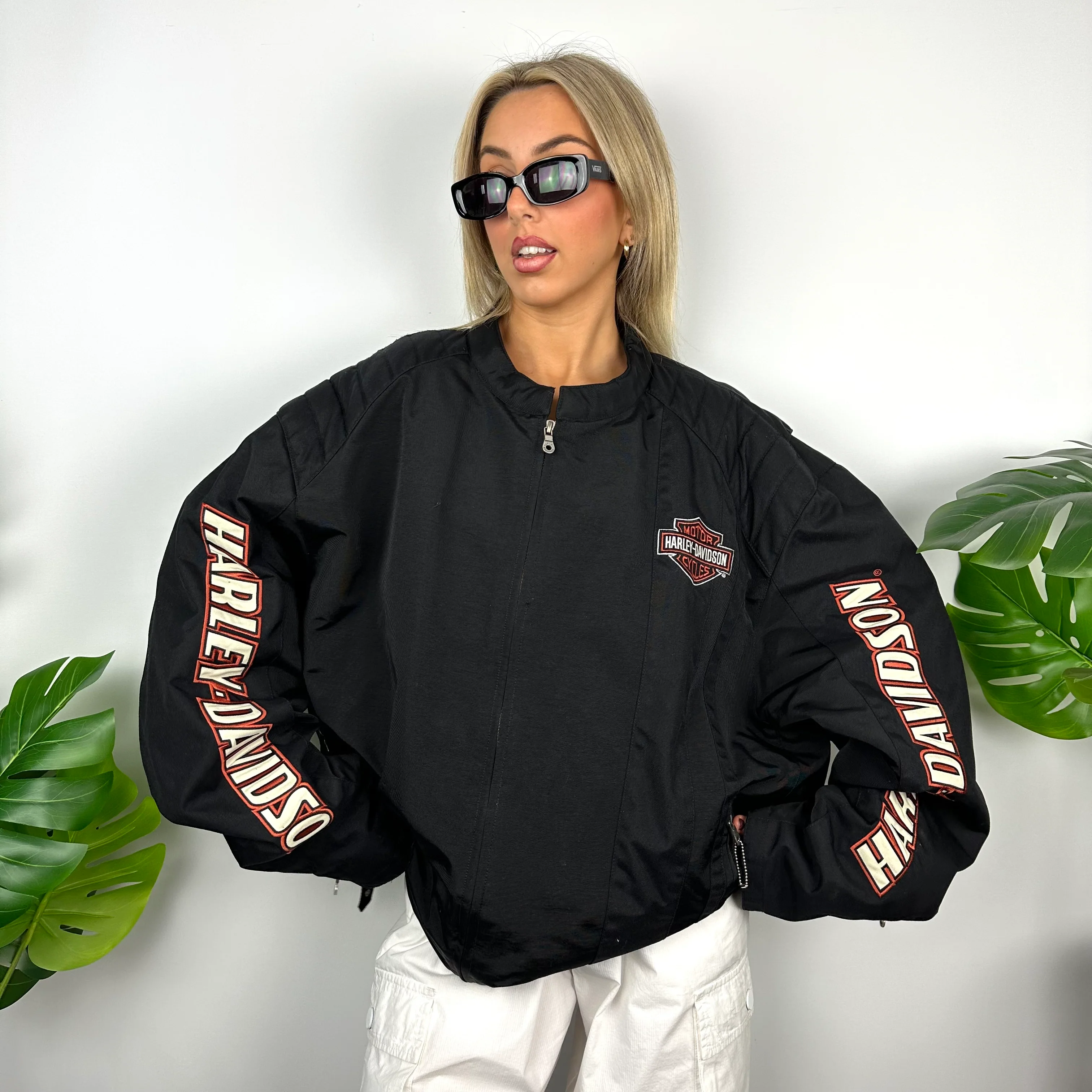 Harley Davidson Black Embroidered Spell Out Windbreaker Jacket (M) - Image 2