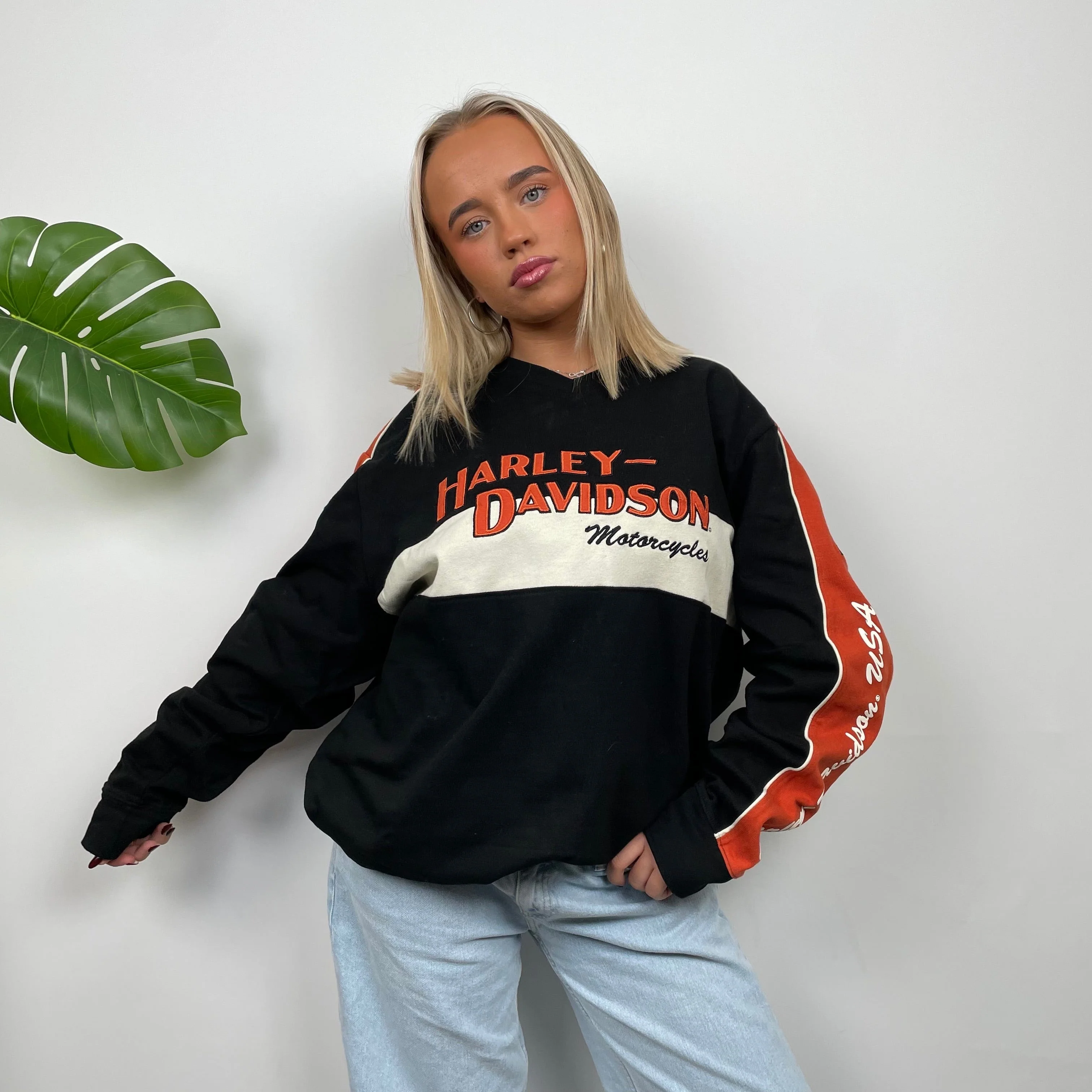 Harley Davidson RARE Black Embroidered Spell Out Sweatshirt (L) - Image 4