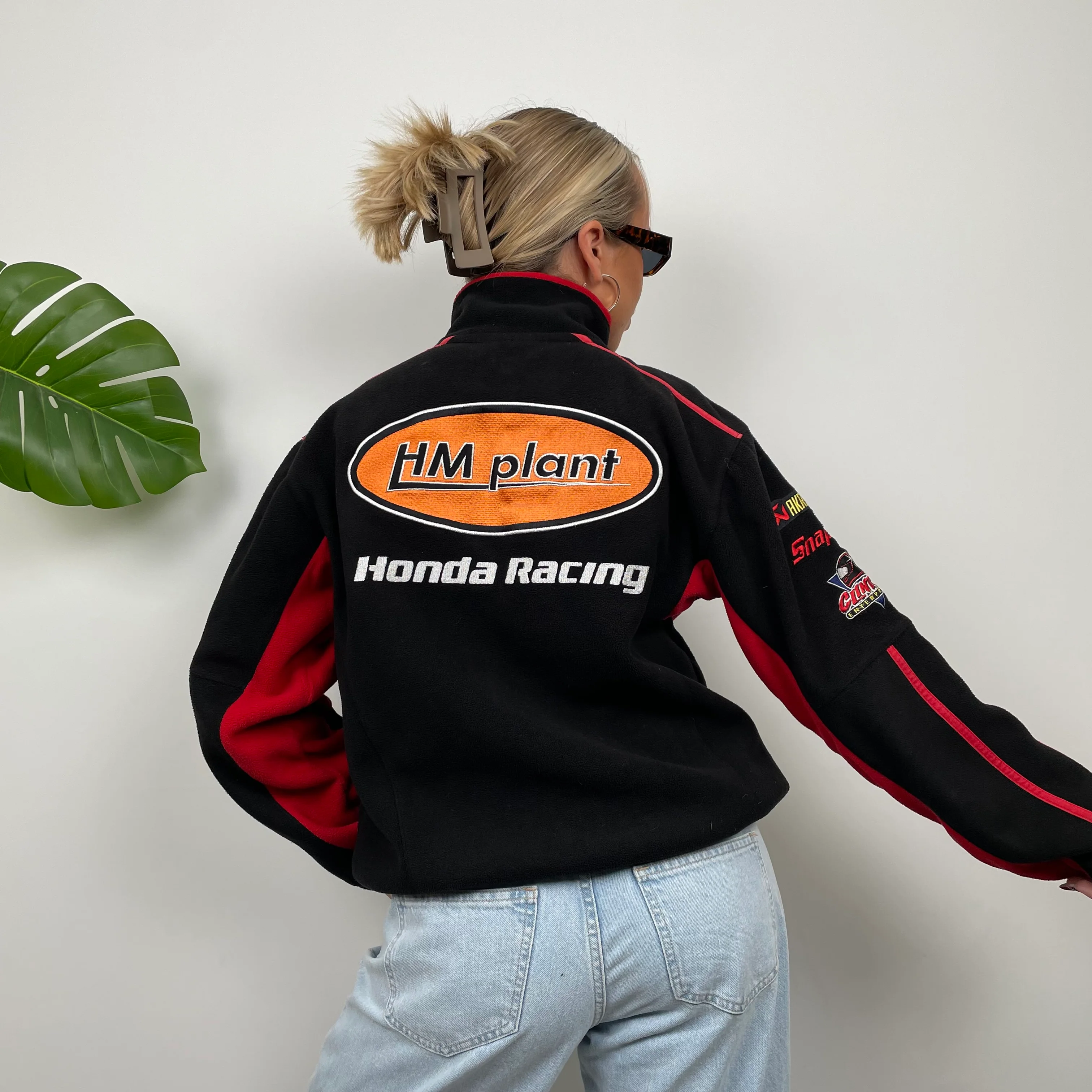 Honda Racing Black Embroidered Spell Out Zip Up Teddy Bear Fleece Jacket (M) - Image 2