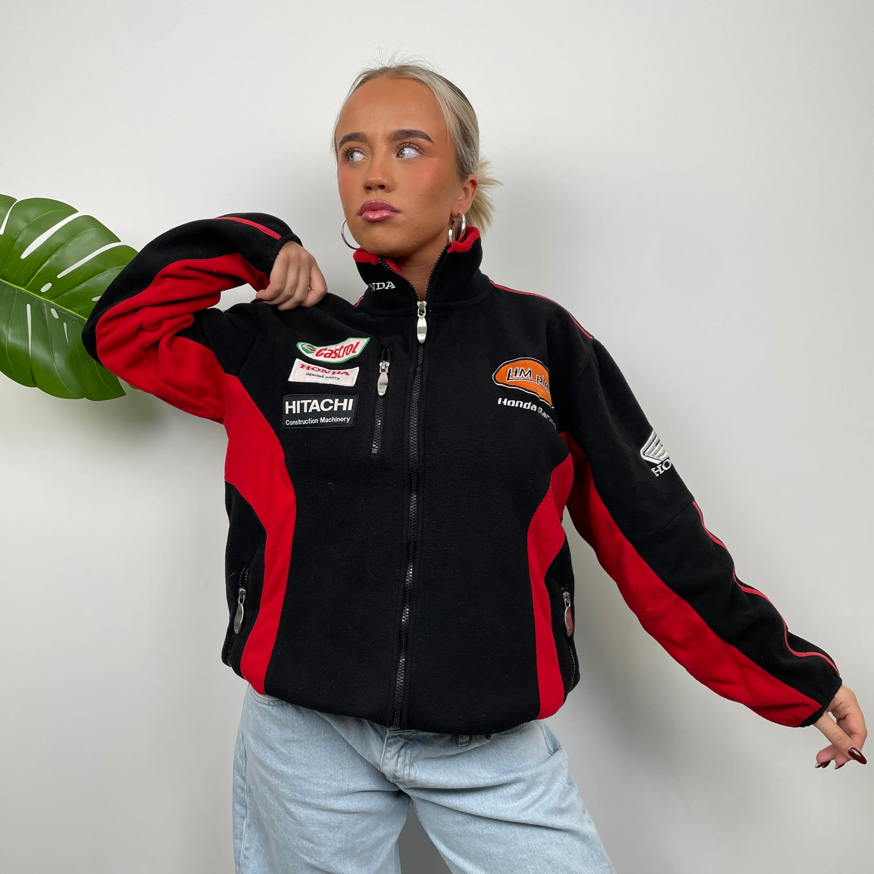Honda Racing Black Embroidered Spell Out Zip Up Teddy Bear Fleece Jacket (M) - Image 3