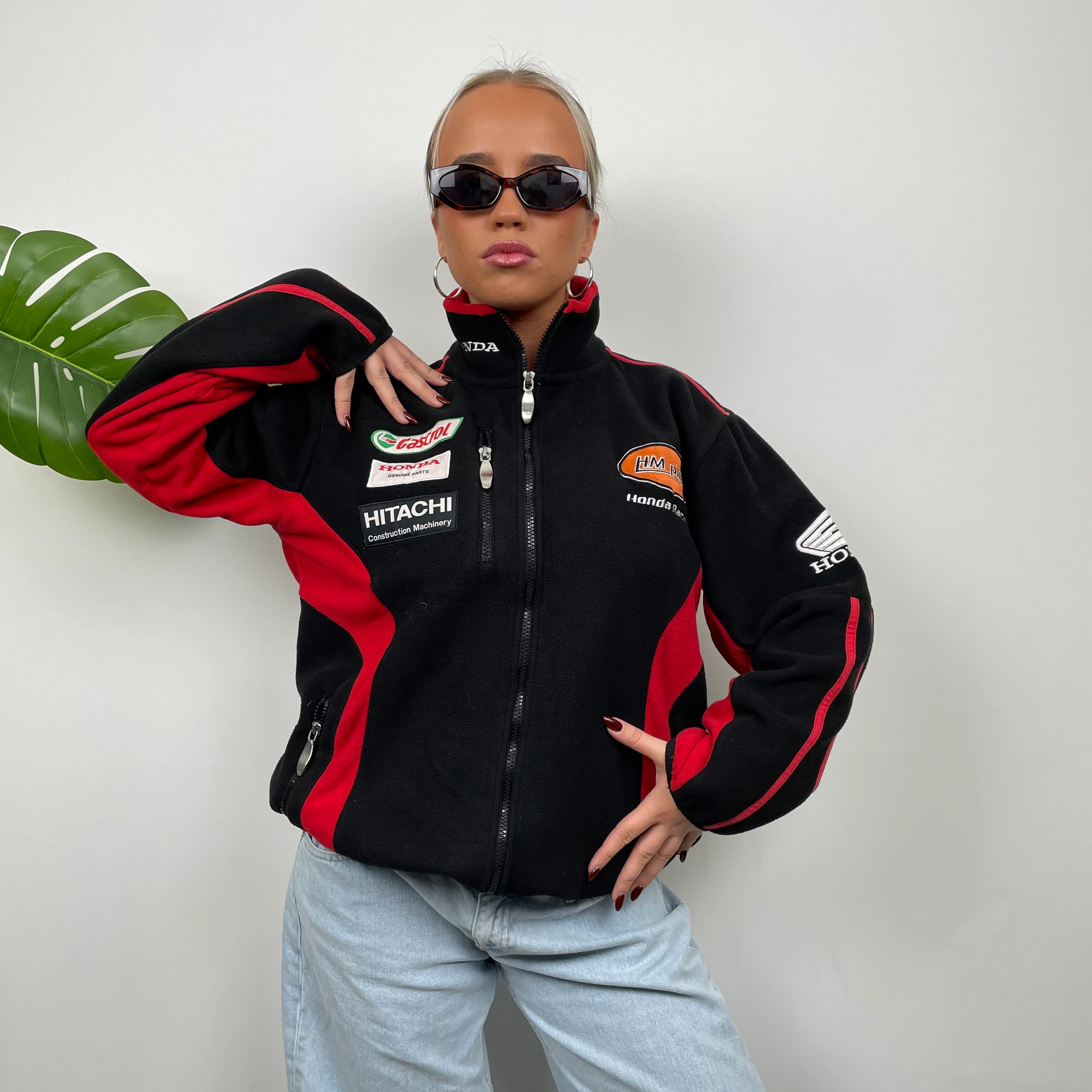 Honda Racing Black Embroidered Spell Out Zip Up Teddy Bear Fleece Jacket (M) - Image 4