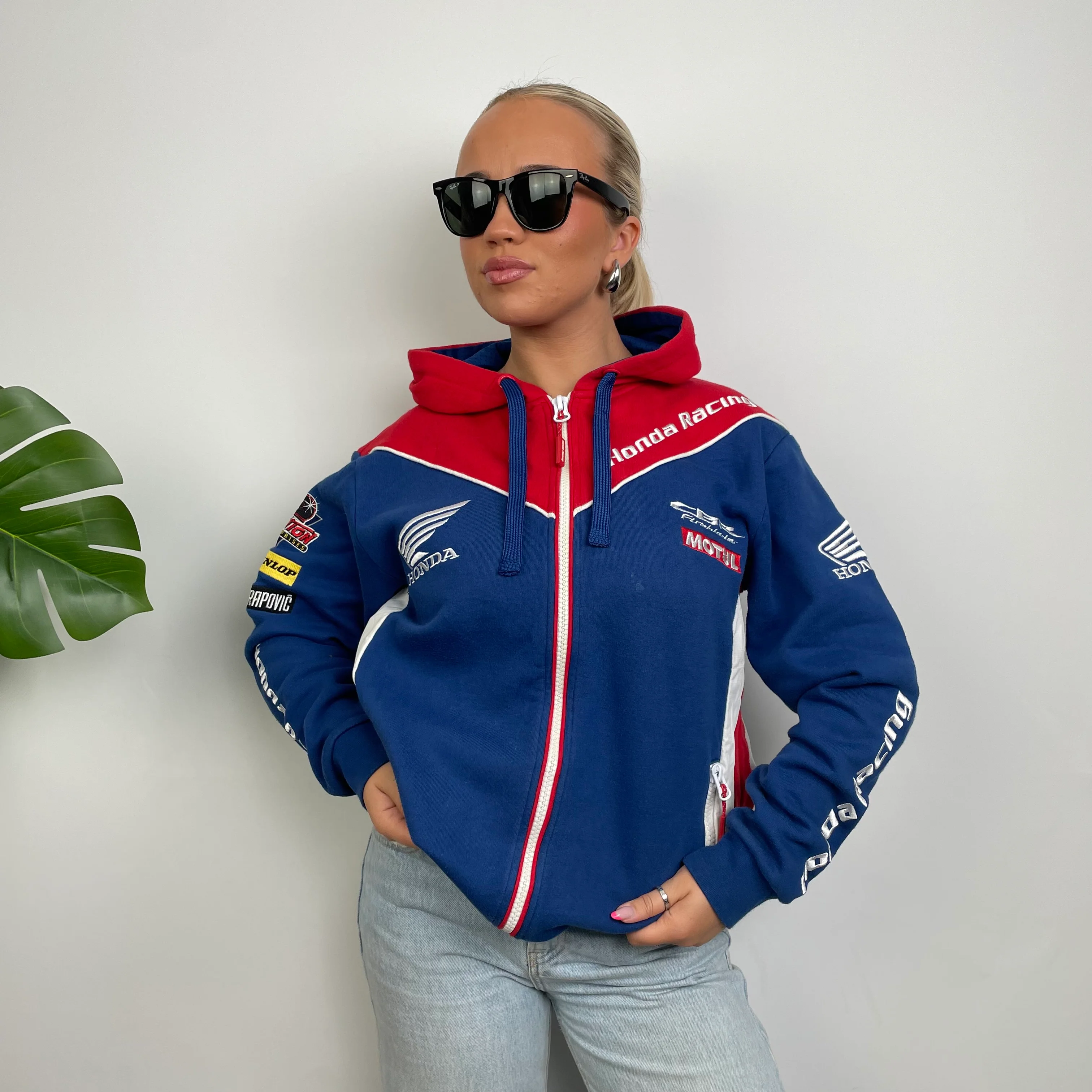 Honda Racing Blue Embroidered Spell Out Zip Up Hoodie Jacket (M) - Image 3