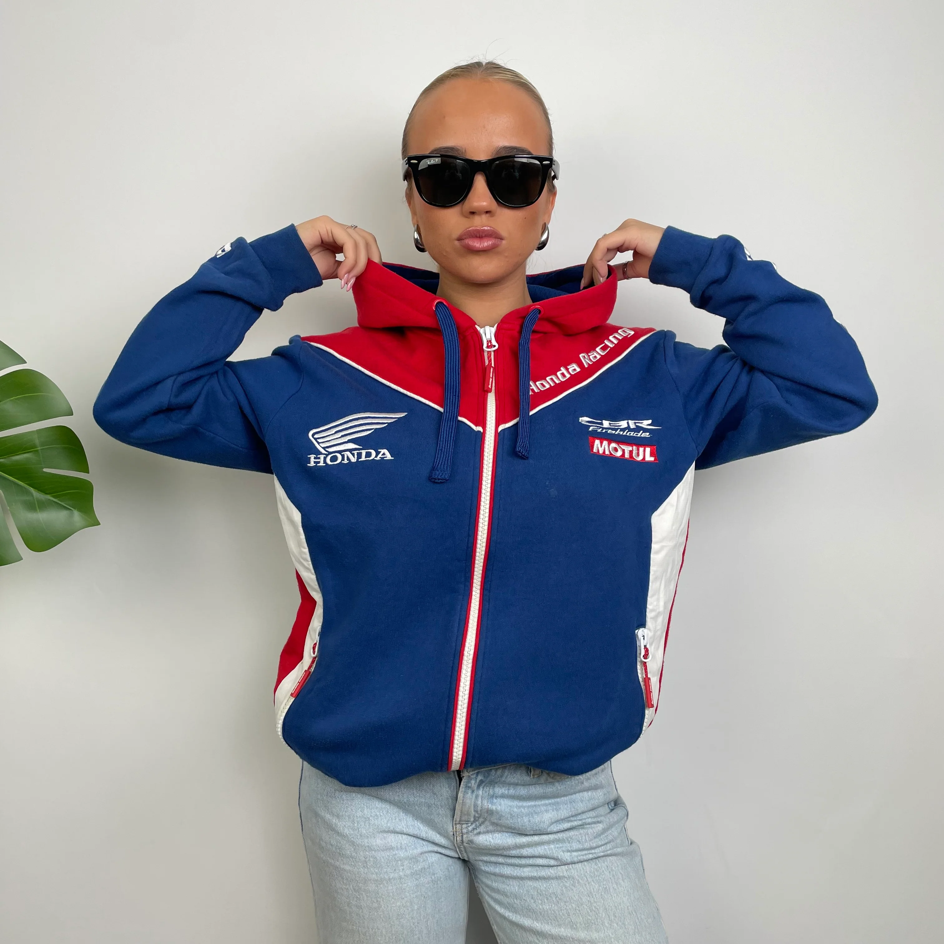 Honda Racing Blue Embroidered Spell Out Zip Up Hoodie Jacket (M) - Image 4