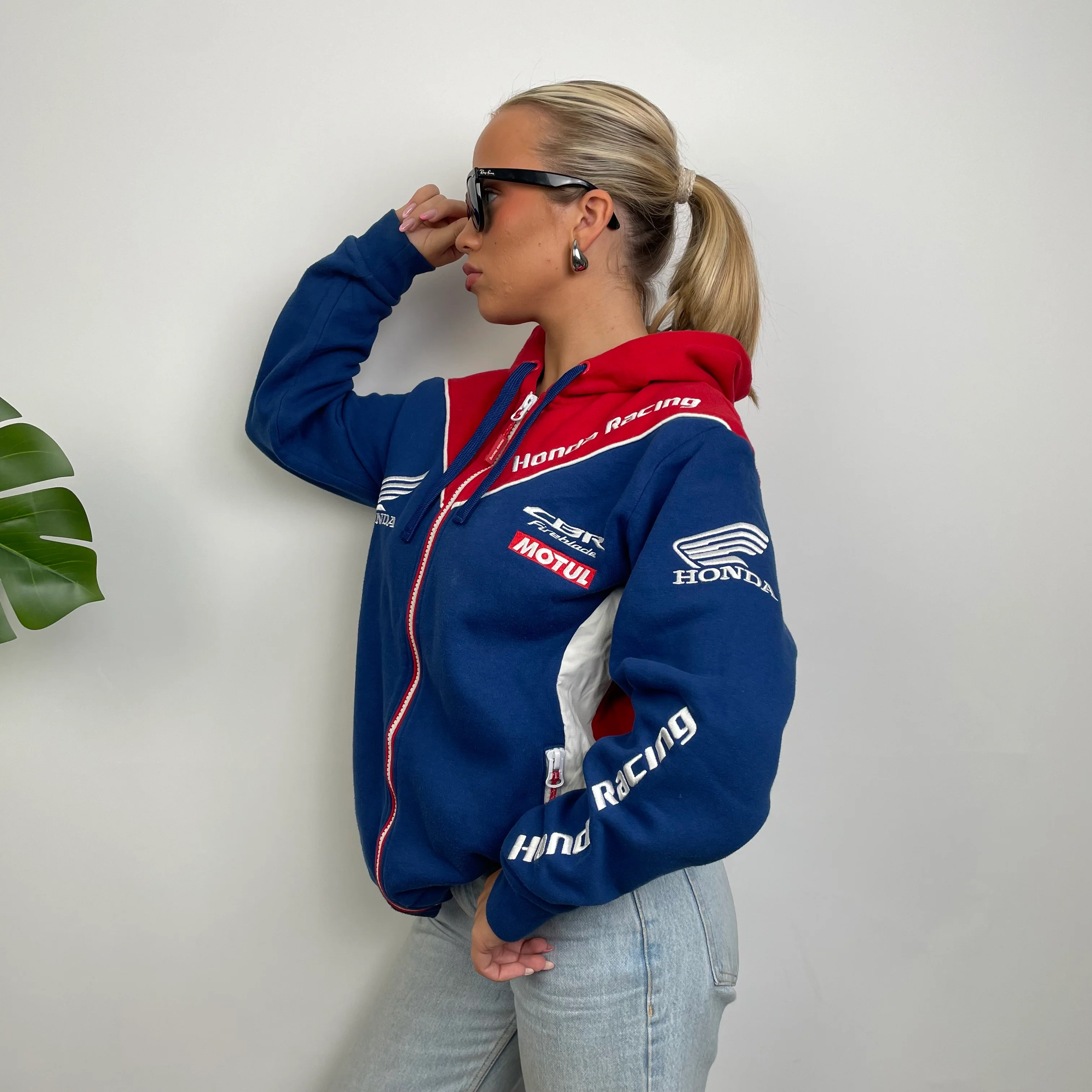 Honda Racing Blue Embroidered Spell Out Zip Up Hoodie Jacket (M) - Image 5