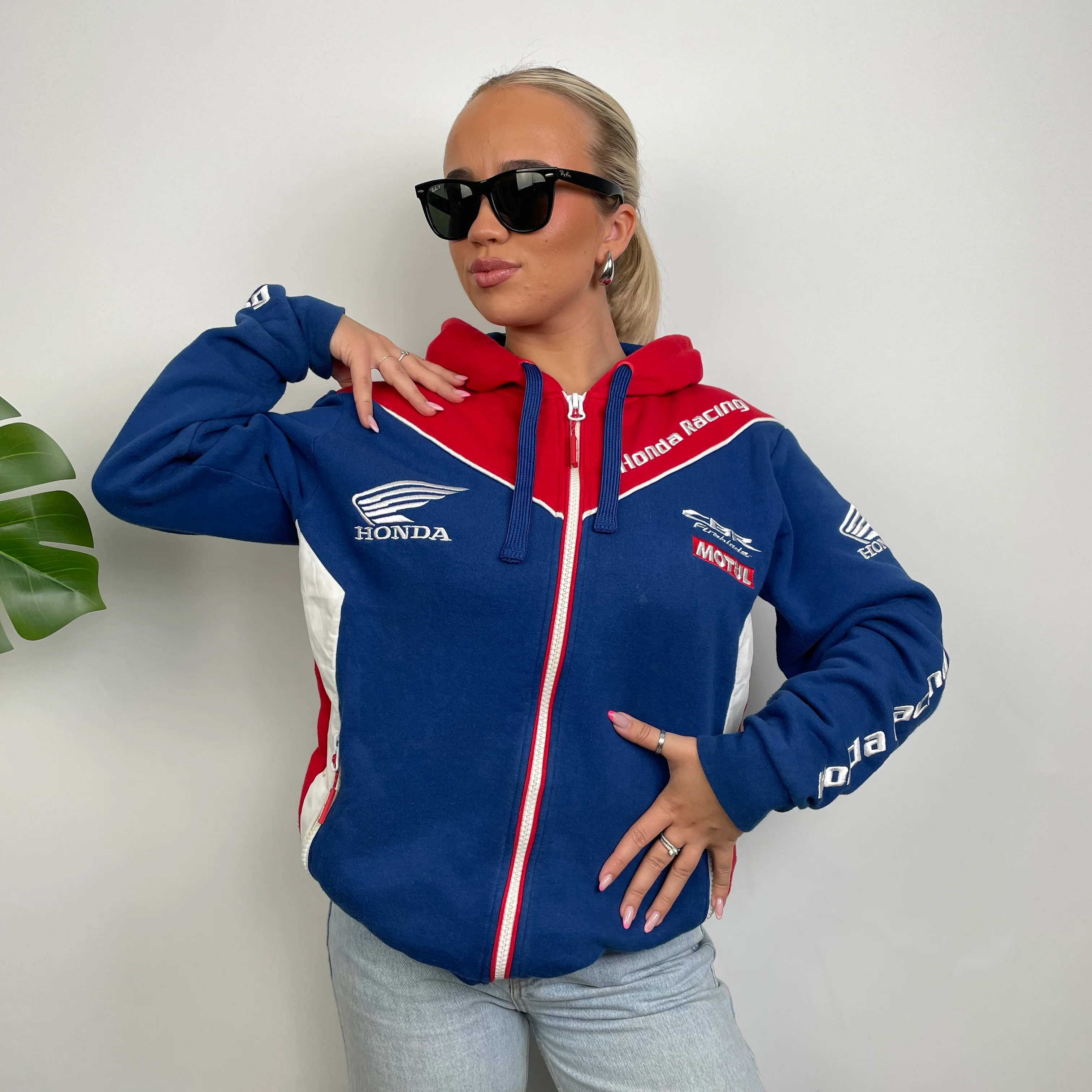 Honda Racing Blue Embroidered Spell Out Zip Up Hoodie Jacket (M) - Image 9