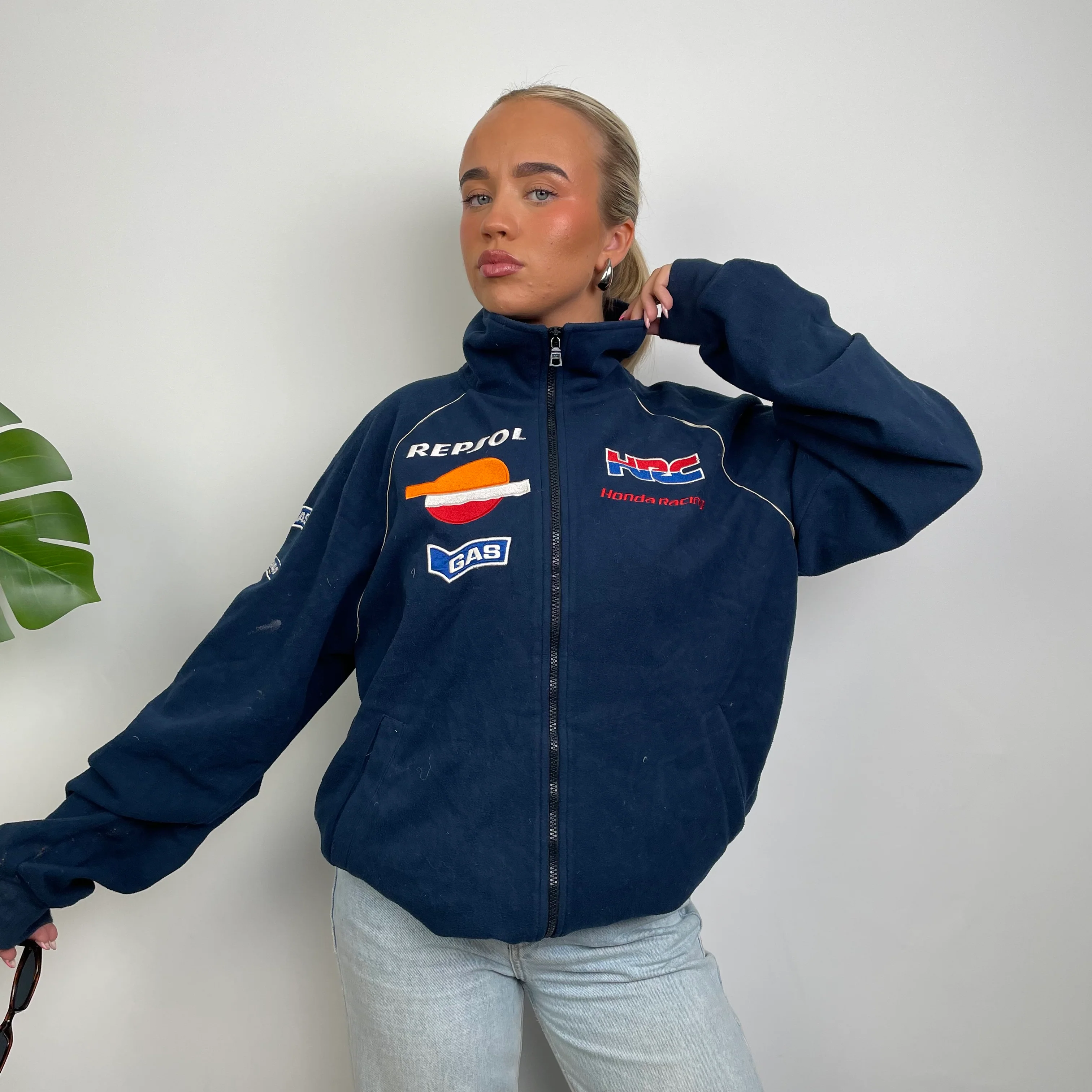 Honda Racing Blue Embroidered Spell Out Zip Up Teddy Bear Fleece Jacket (L) - Image 6