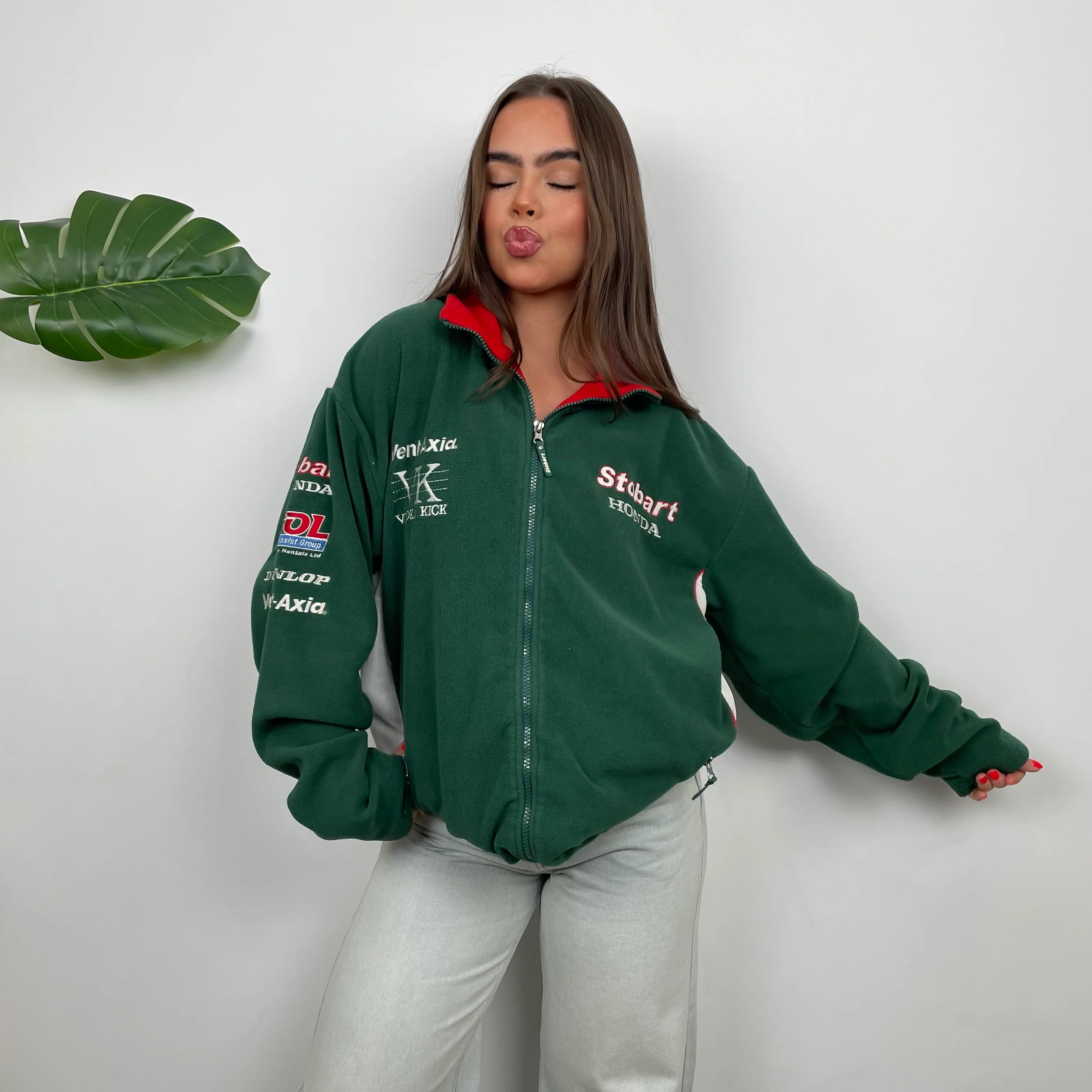 Honda Racing Green Embroidered Spell Out Zip Up Teddy Bear Fleece Jacket (L) - Image 3