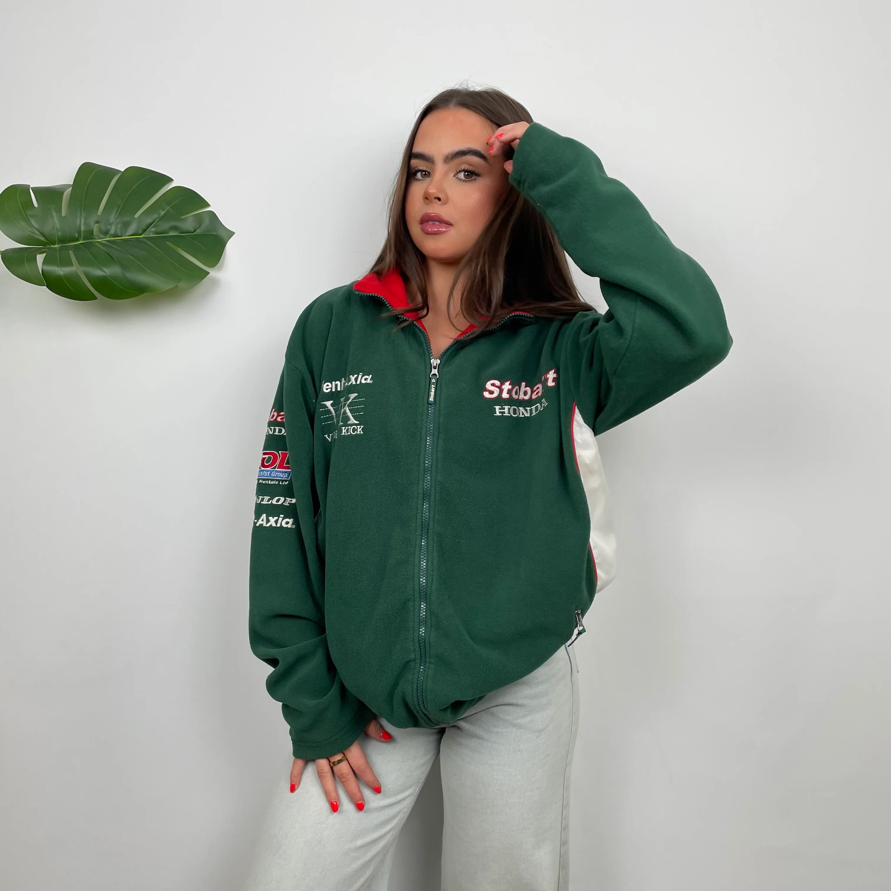 Honda Racing Green Embroidered Spell Out Zip Up Teddy Bear Fleece Jacket (L) - Image 4