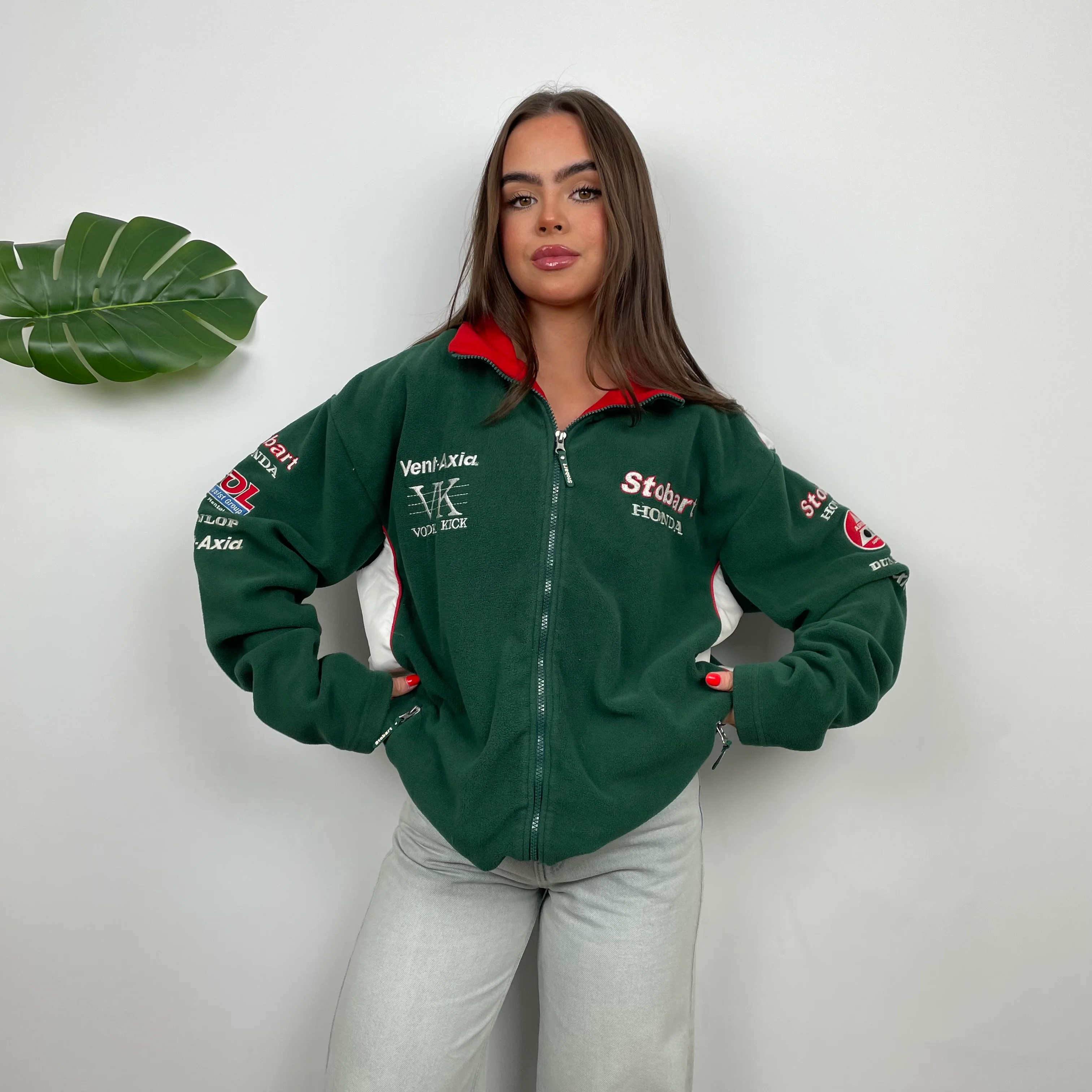 Honda Racing Green Embroidered Spell Out Zip Up Teddy Bear Fleece Jacket (L) - Image 5