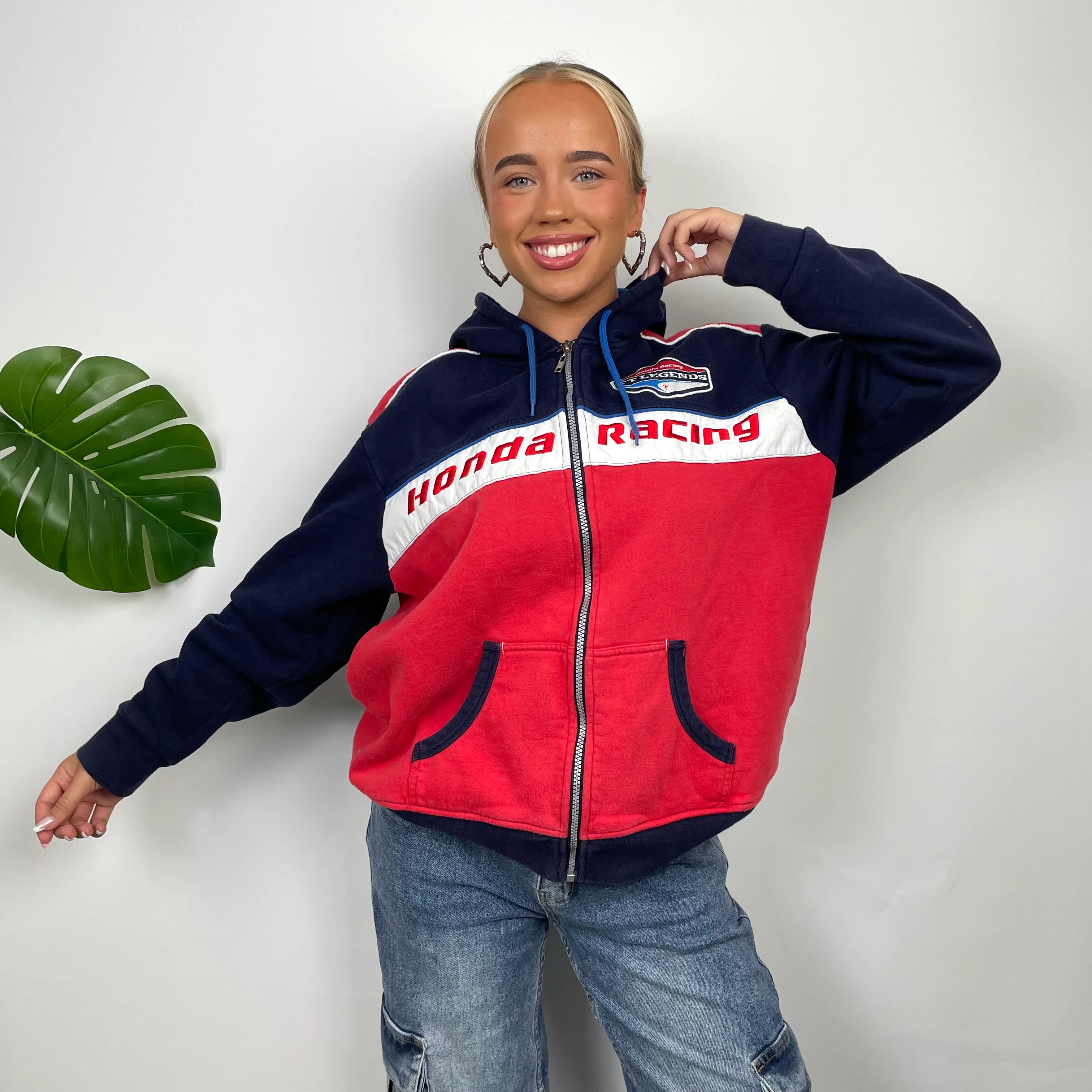 Honda Racing Red Embroidered Spell Out Zip Up Hoodie Jacket (M) - Image 3