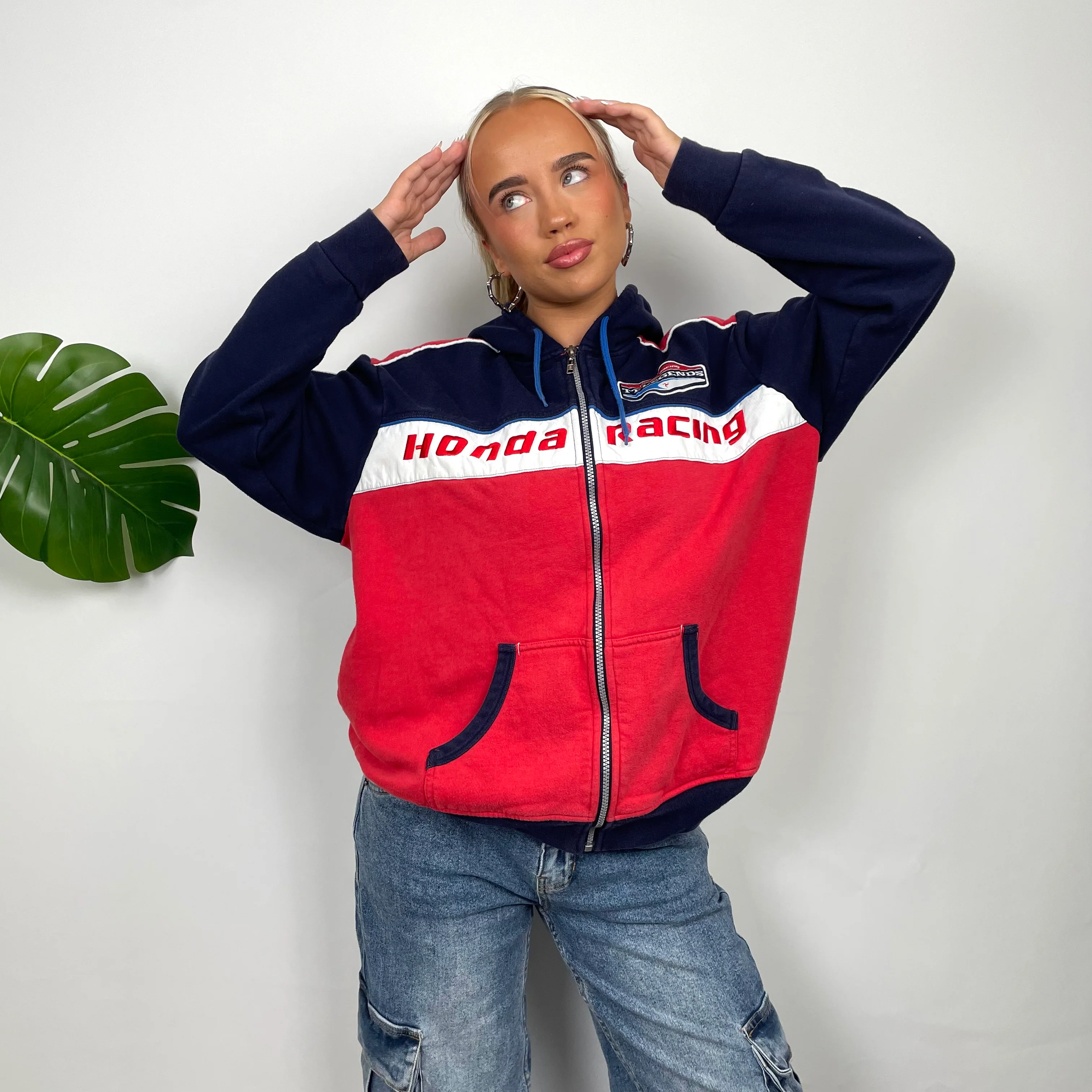 Honda Racing Red Embroidered Spell Out Zip Up Hoodie Jacket (M) - Image 4