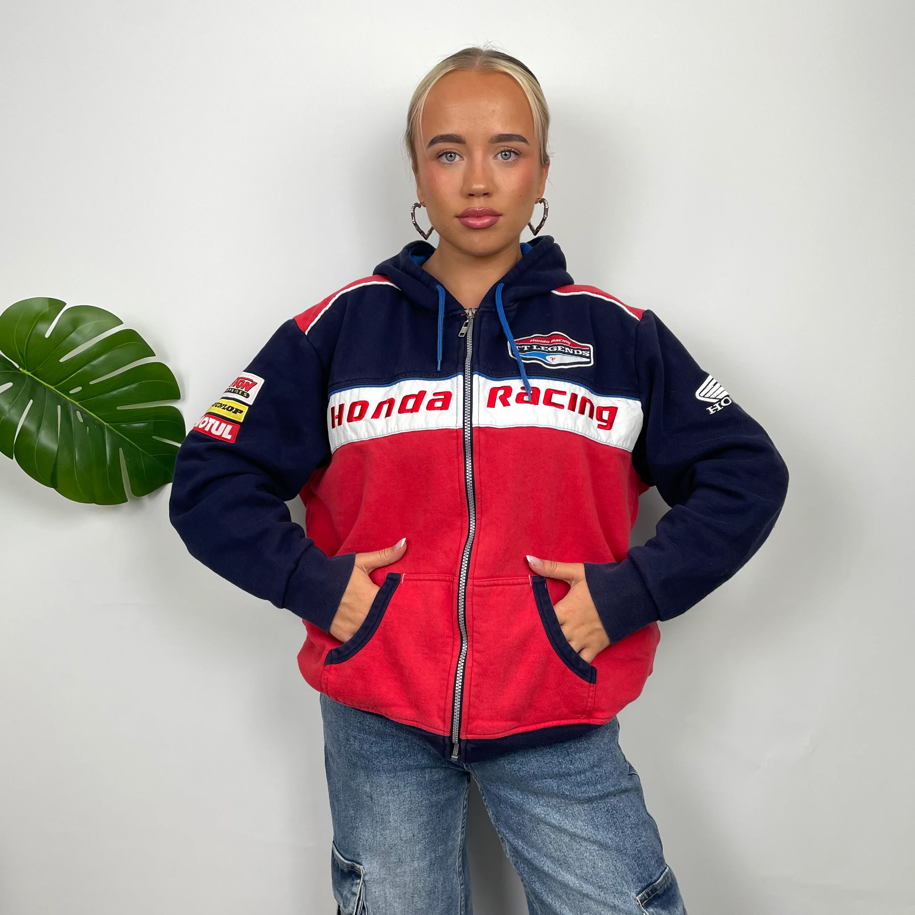 Honda Racing Red Embroidered Spell Out Zip Up Hoodie Jacket (M) - Image 5