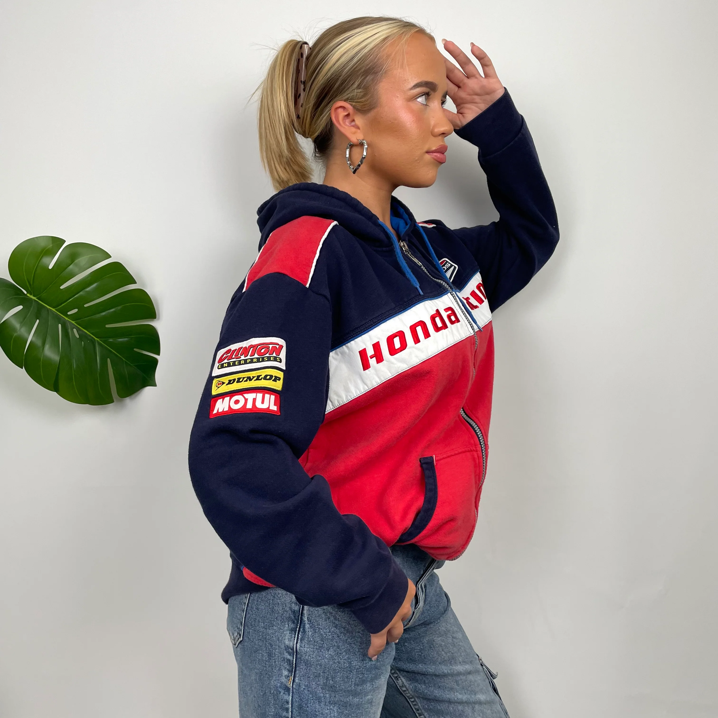 Honda Racing Red Embroidered Spell Out Zip Up Hoodie Jacket (M) - Image 6