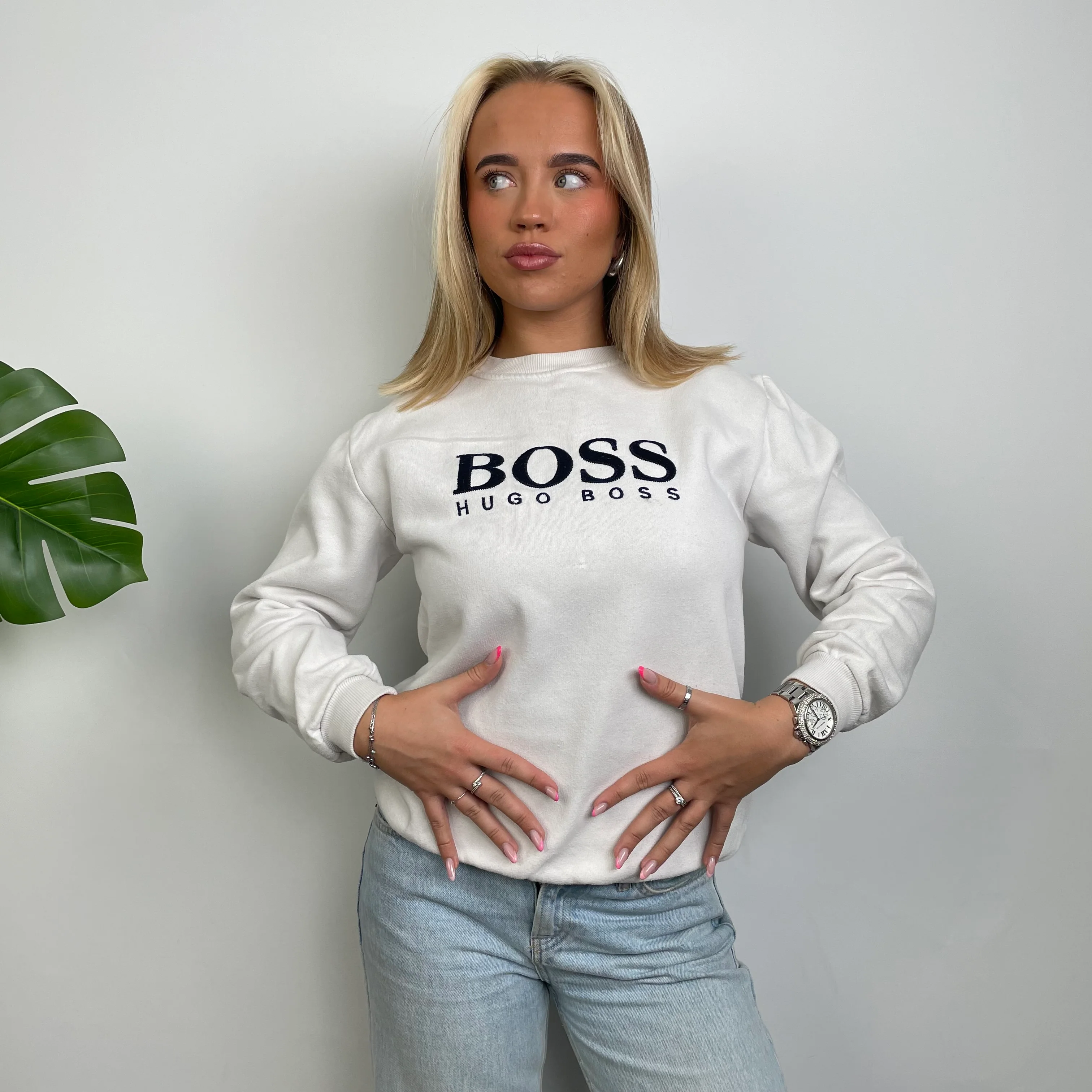 Hugo Boss White Embroidered Spell Out Sweatshirt (S) - Image 2