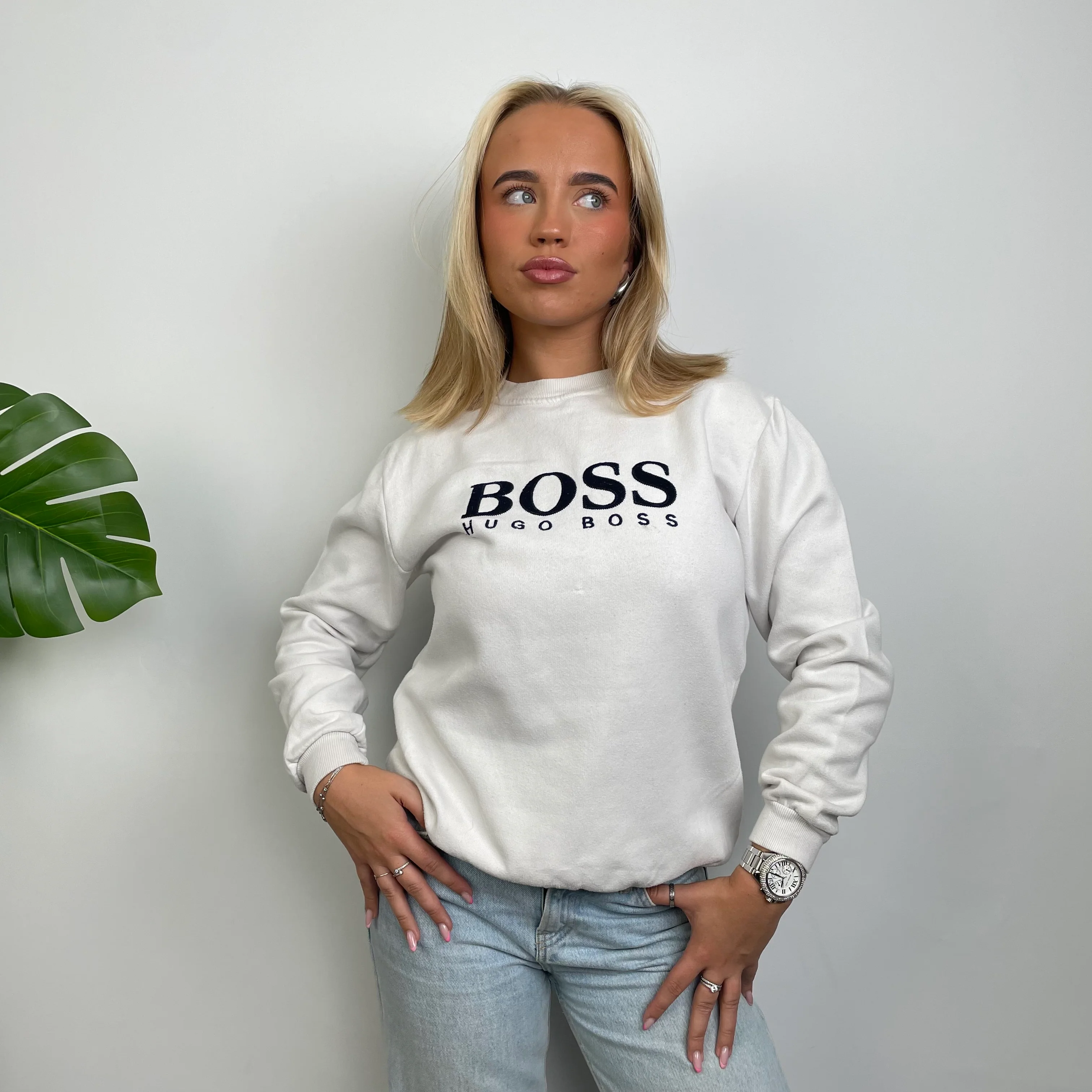 Hugo Boss White Embroidered Spell Out Sweatshirt (S) - Image 3