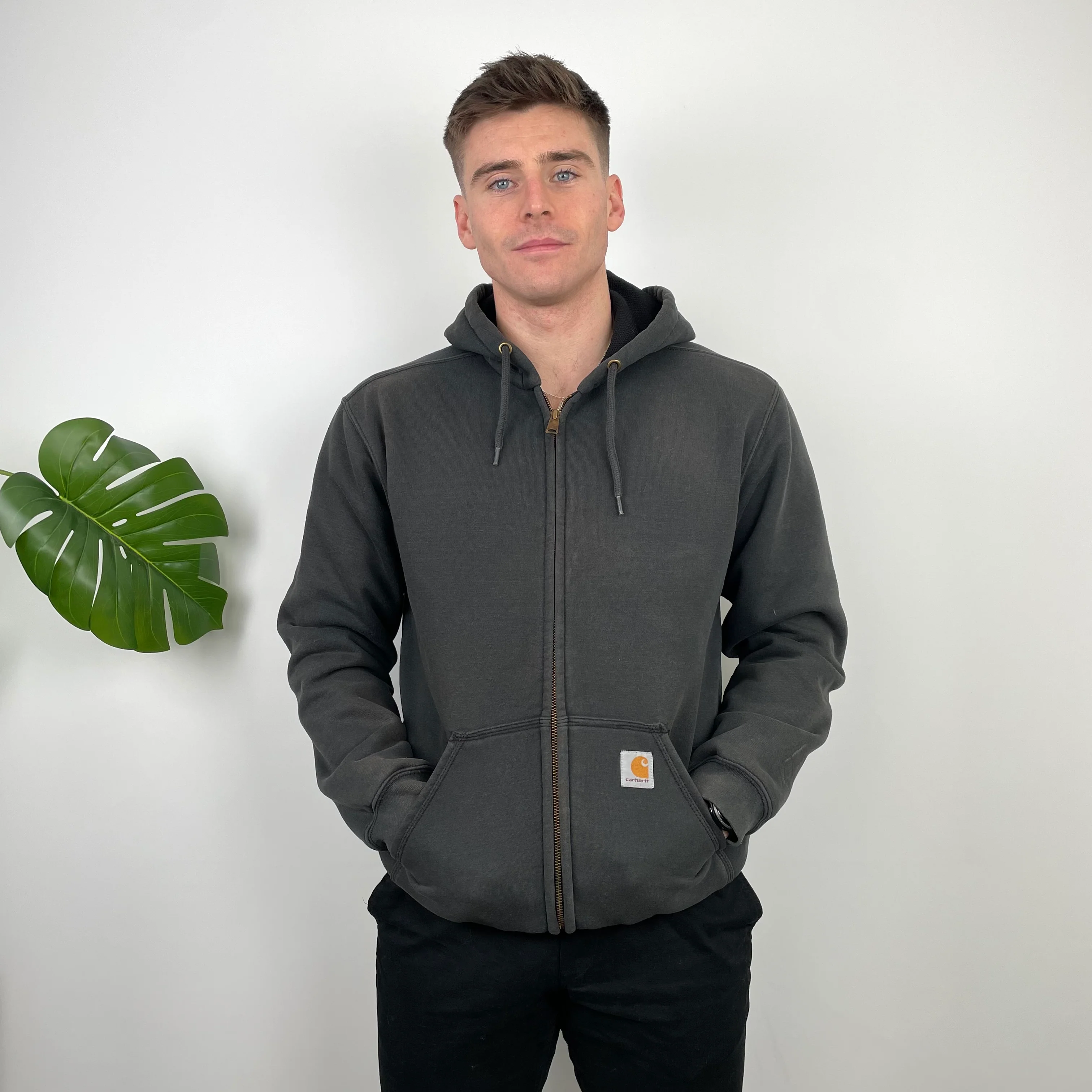 Carhartt RARE Grey Embroidered Logo Zip Up Hoodie Jacket (L)