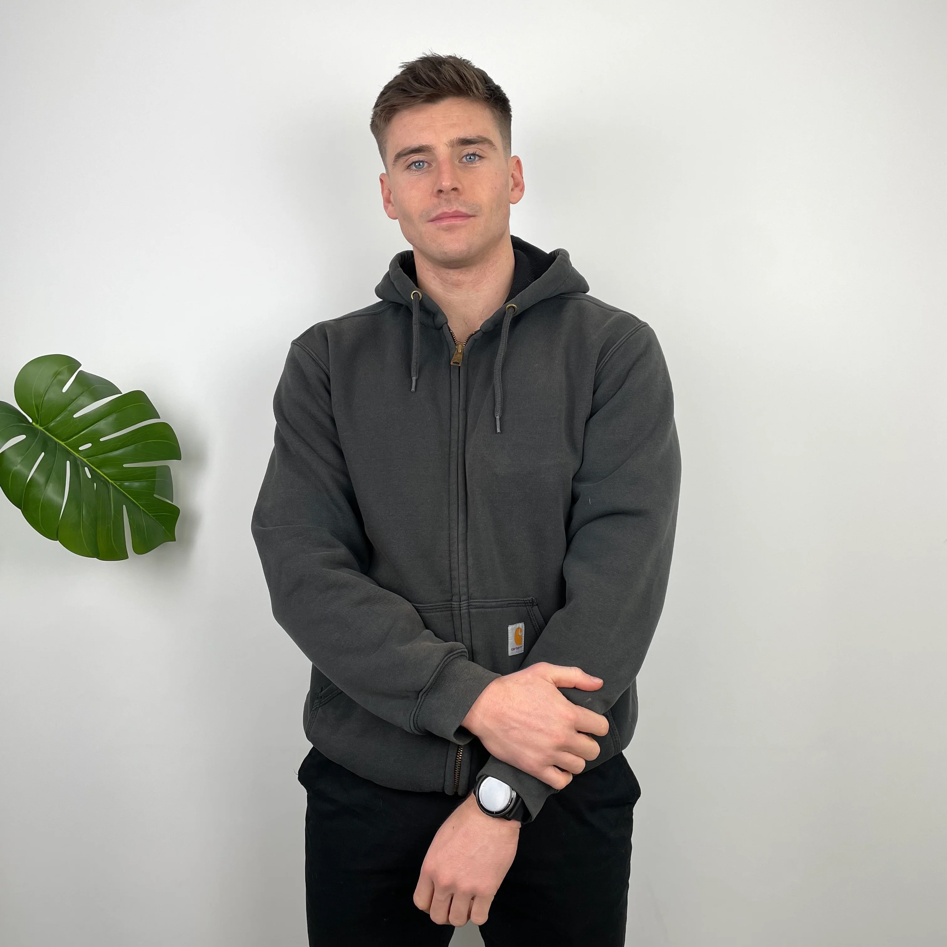 Carhartt RARE Grey Embroidered Logo Zip Up Hoodie Jacket (L) - Image 2