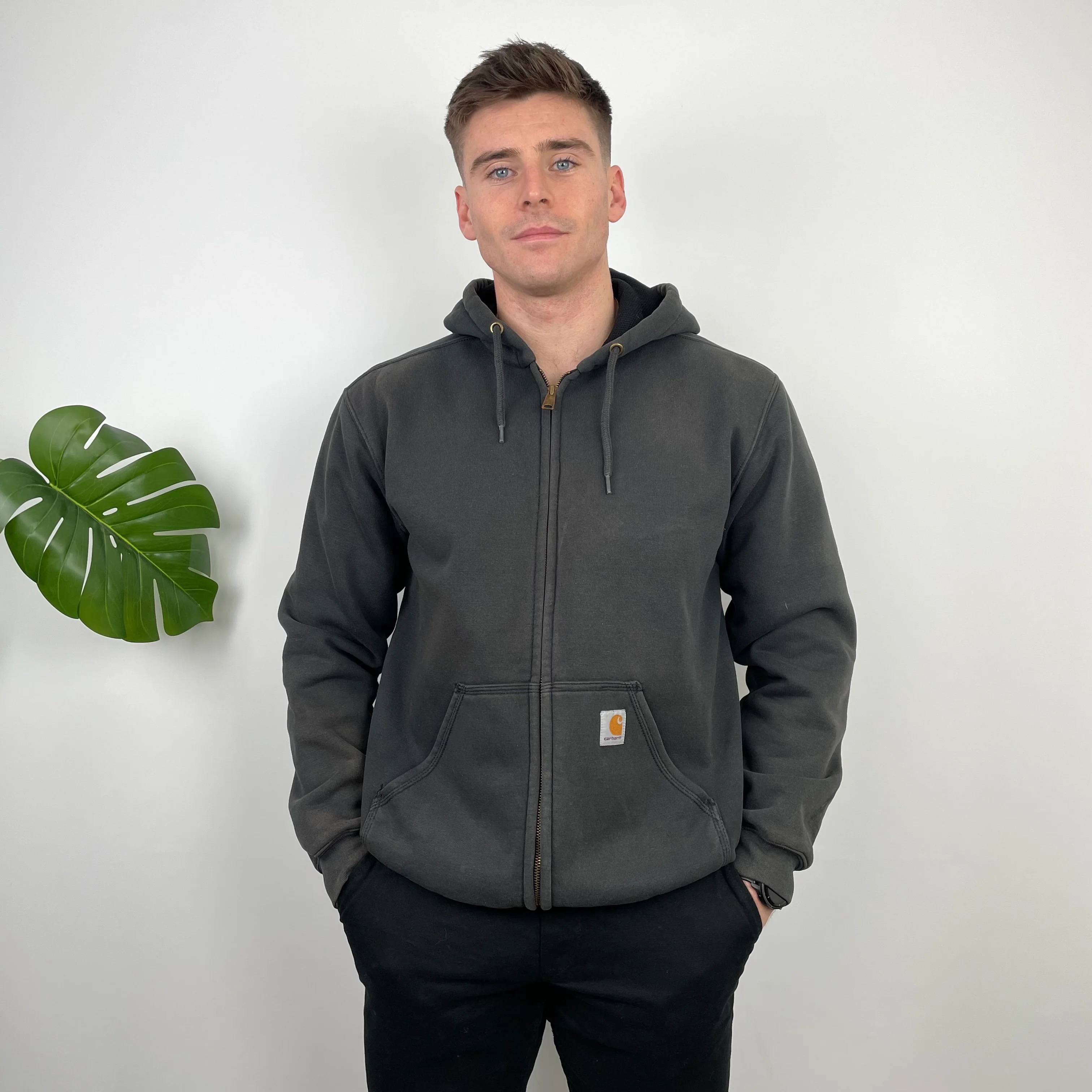 Carhartt RARE Grey Embroidered Logo Zip Up Hoodie Jacket (L) - Image 3