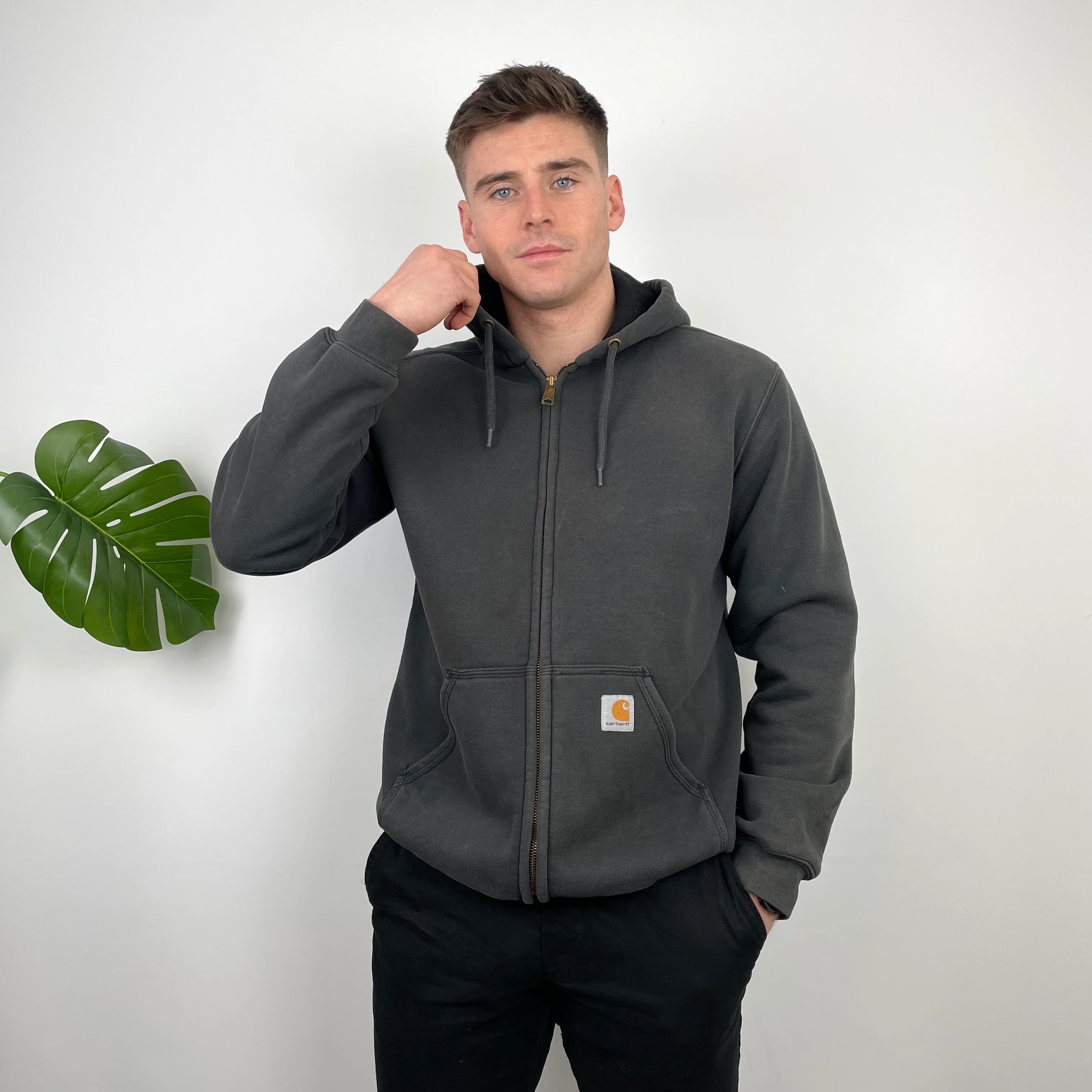 Carhartt RARE Grey Embroidered Logo Zip Up Hoodie Jacket (L) - Image 4