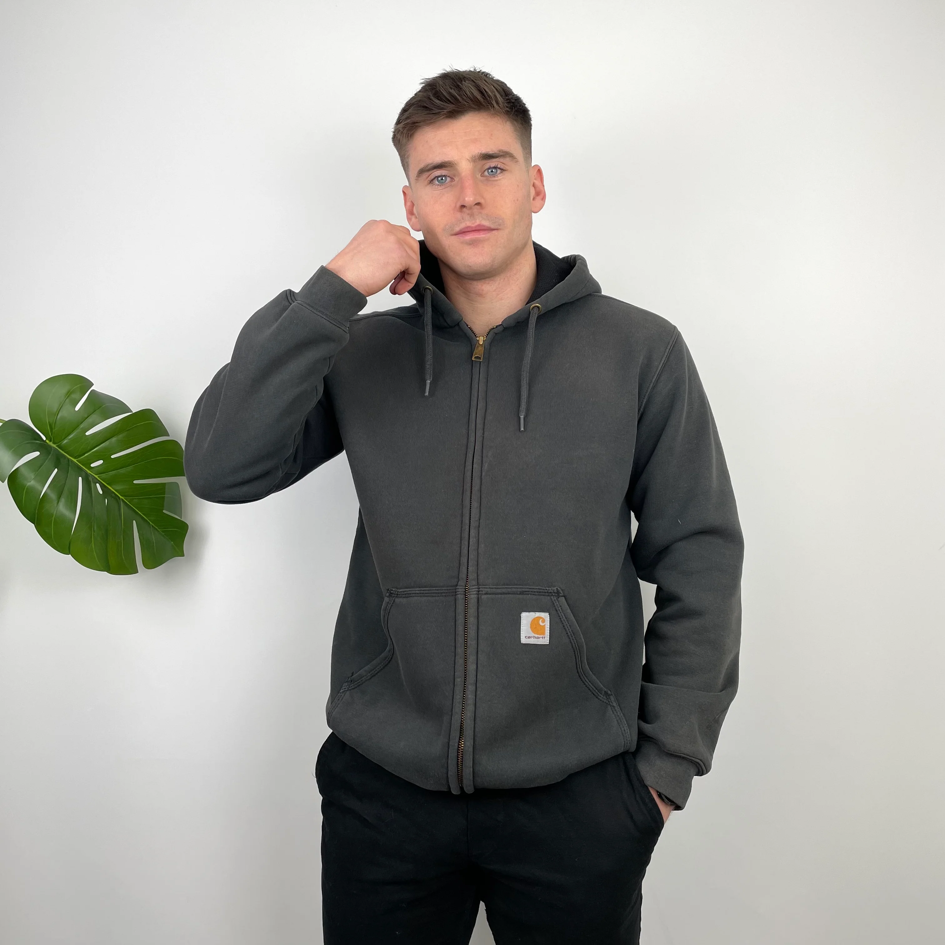 Carhartt RARE Grey Embroidered Logo Zip Up Hoodie Jacket (L) - Image 5