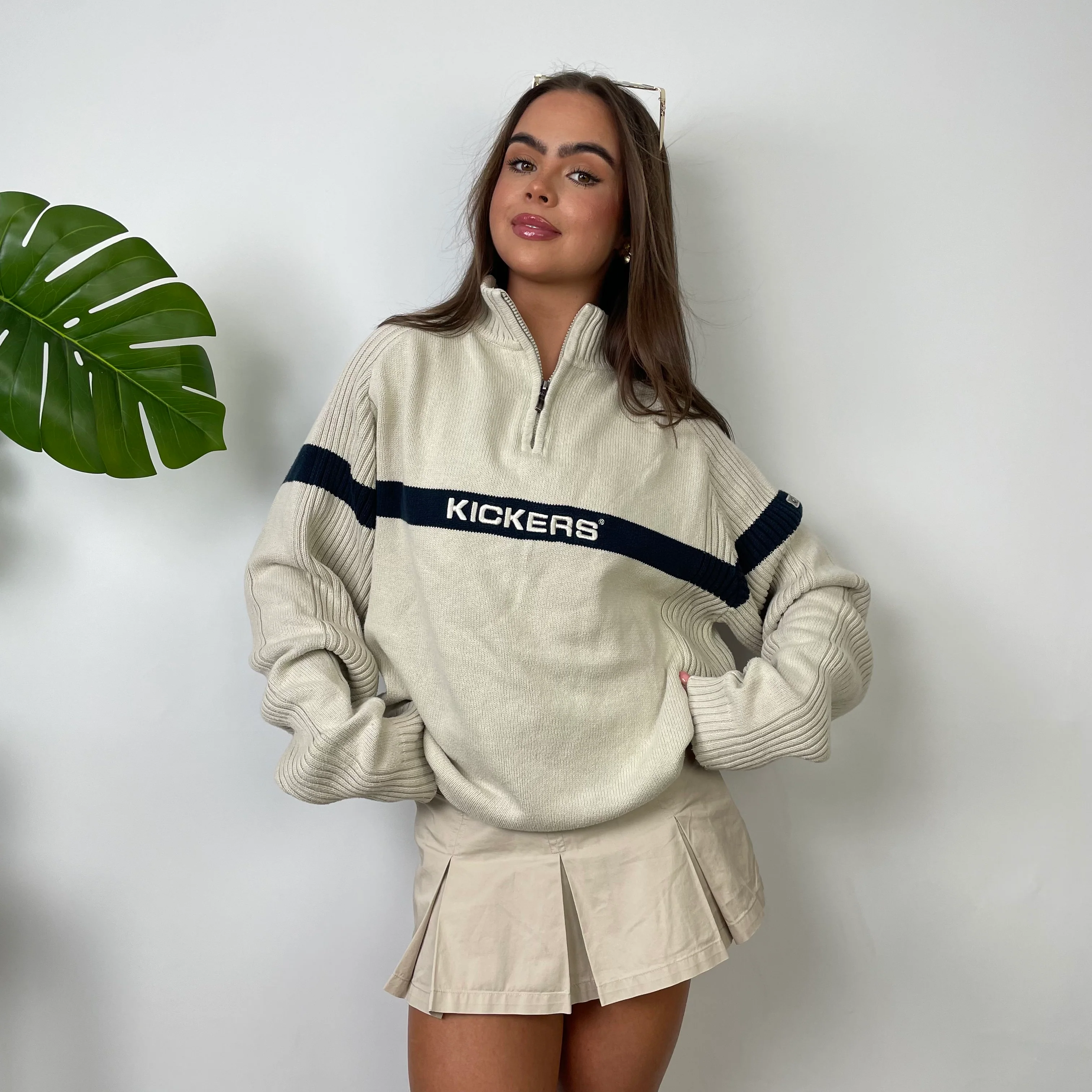 Kickers Cream Embroidered Spell Out Quarter Zip Sweatshirt (L) - Image 2