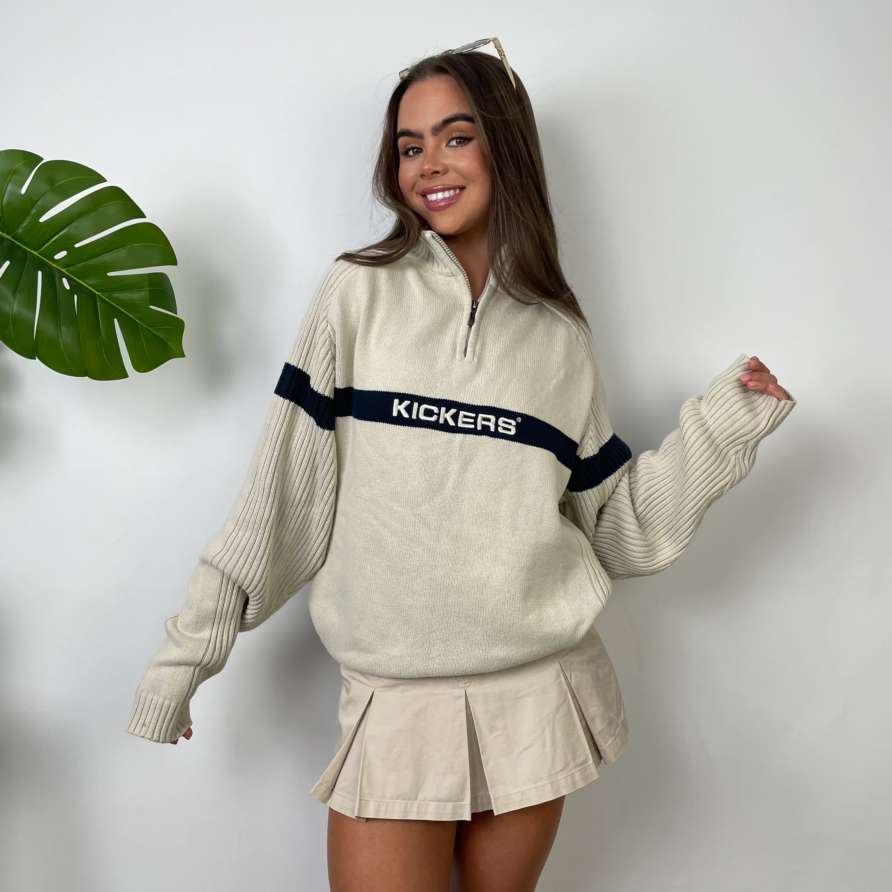 Kickers Cream Embroidered Spell Out Quarter Zip Sweatshirt (L) - Image 3