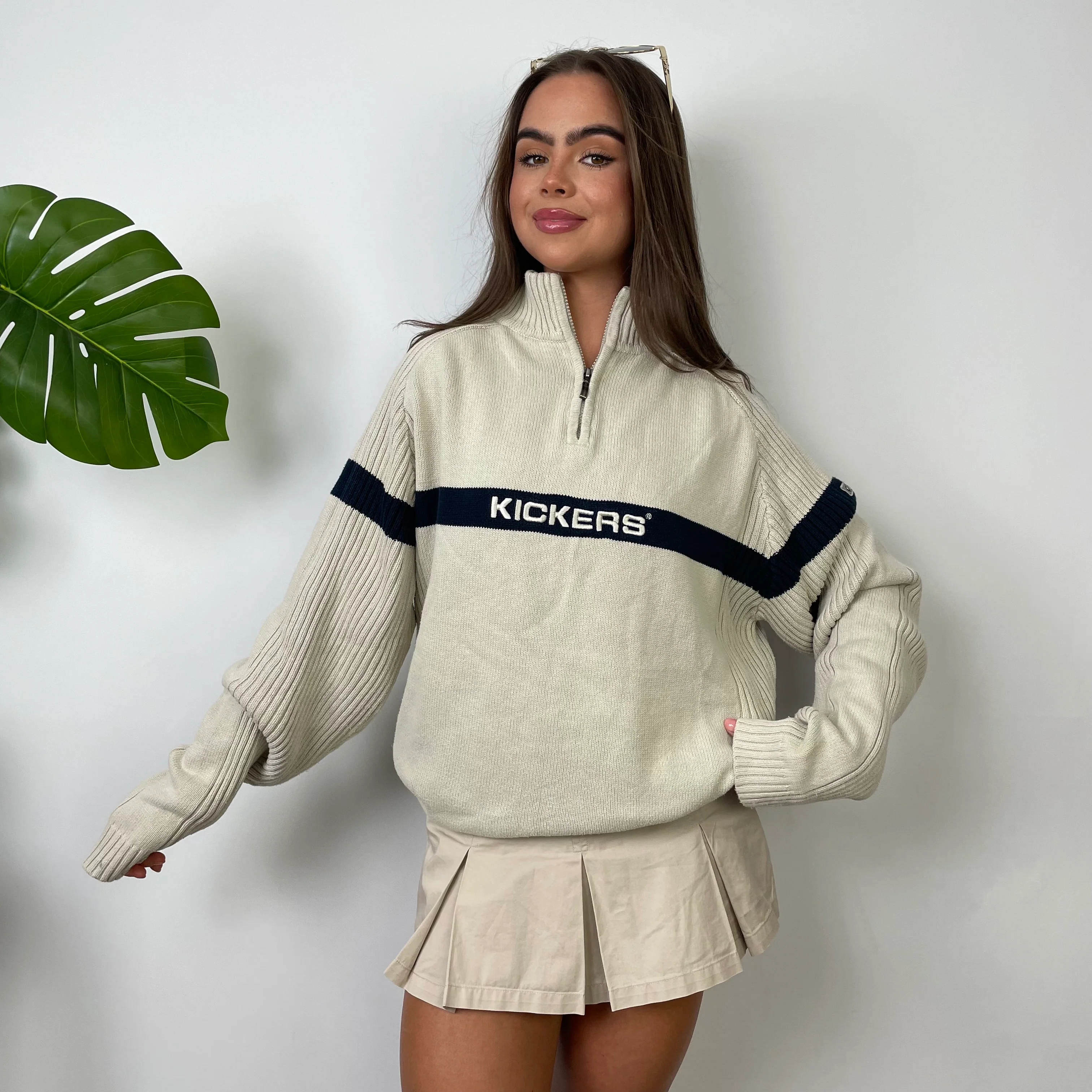 Kickers Cream Embroidered Spell Out Quarter Zip Sweatshirt (L) - Image 5