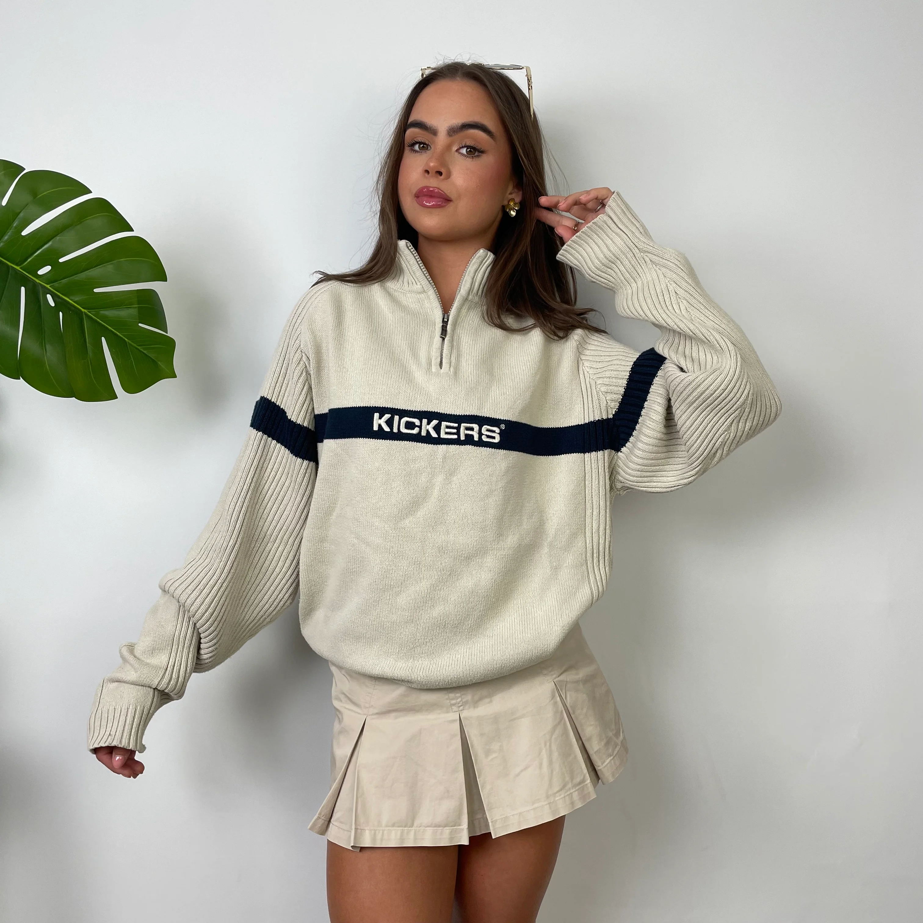Kickers Cream Embroidered Spell Out Quarter Zip Sweatshirt (L) - Image 6
