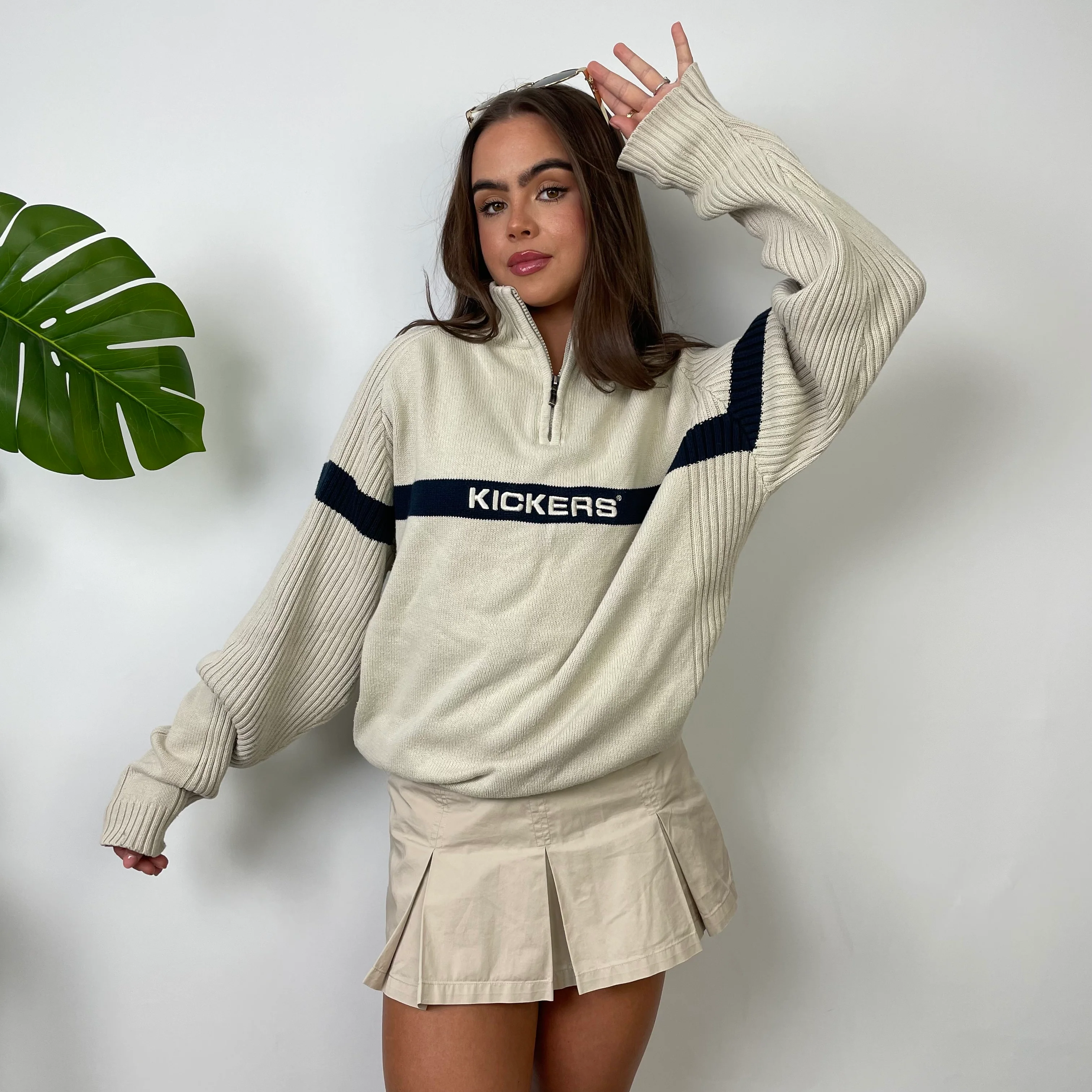 Kickers Cream Embroidered Spell Out Quarter Zip Sweatshirt (L) - Image 7