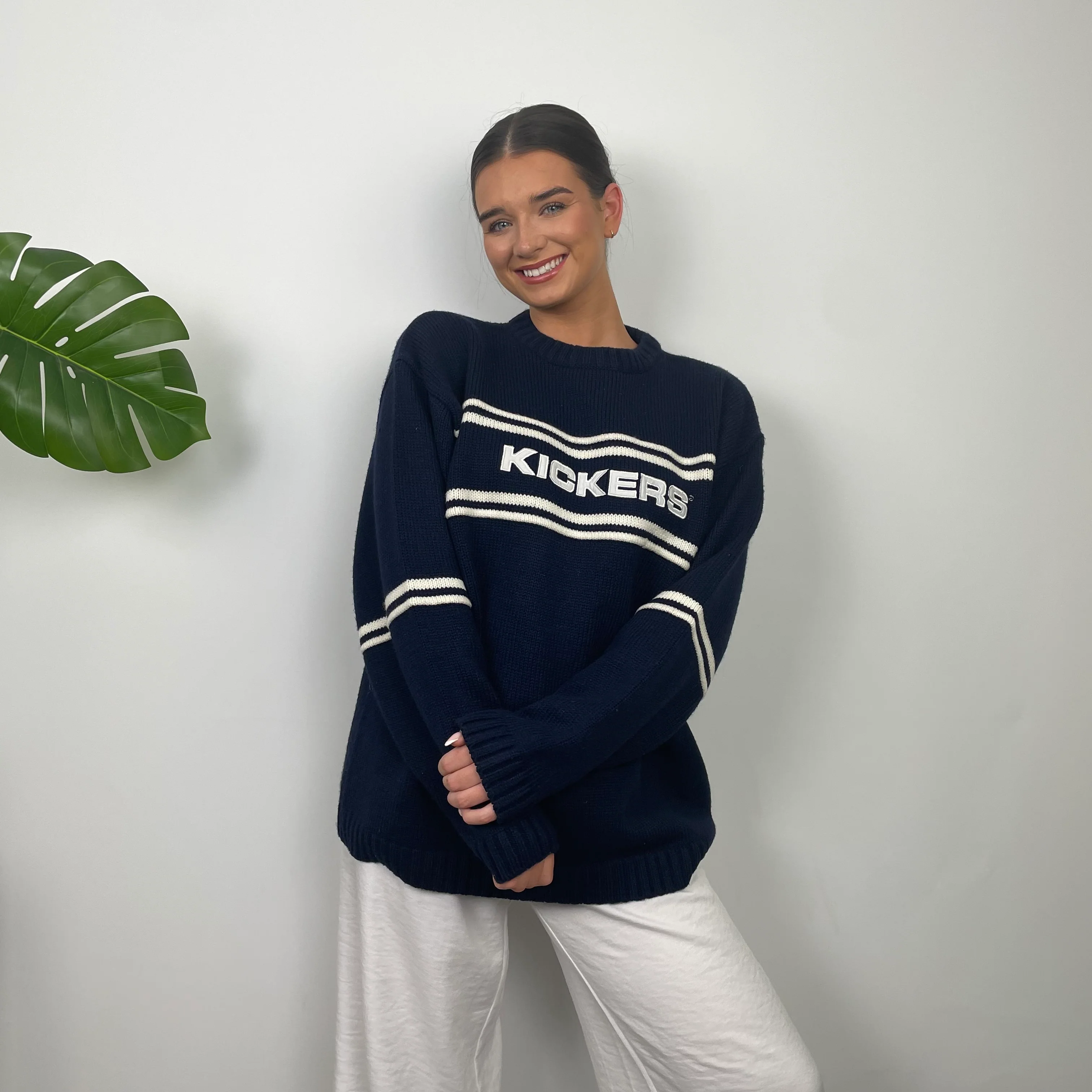 Kickers RARE Navy & Cream Embroidered Spell Out Knitted Sweater (L) - Image 5