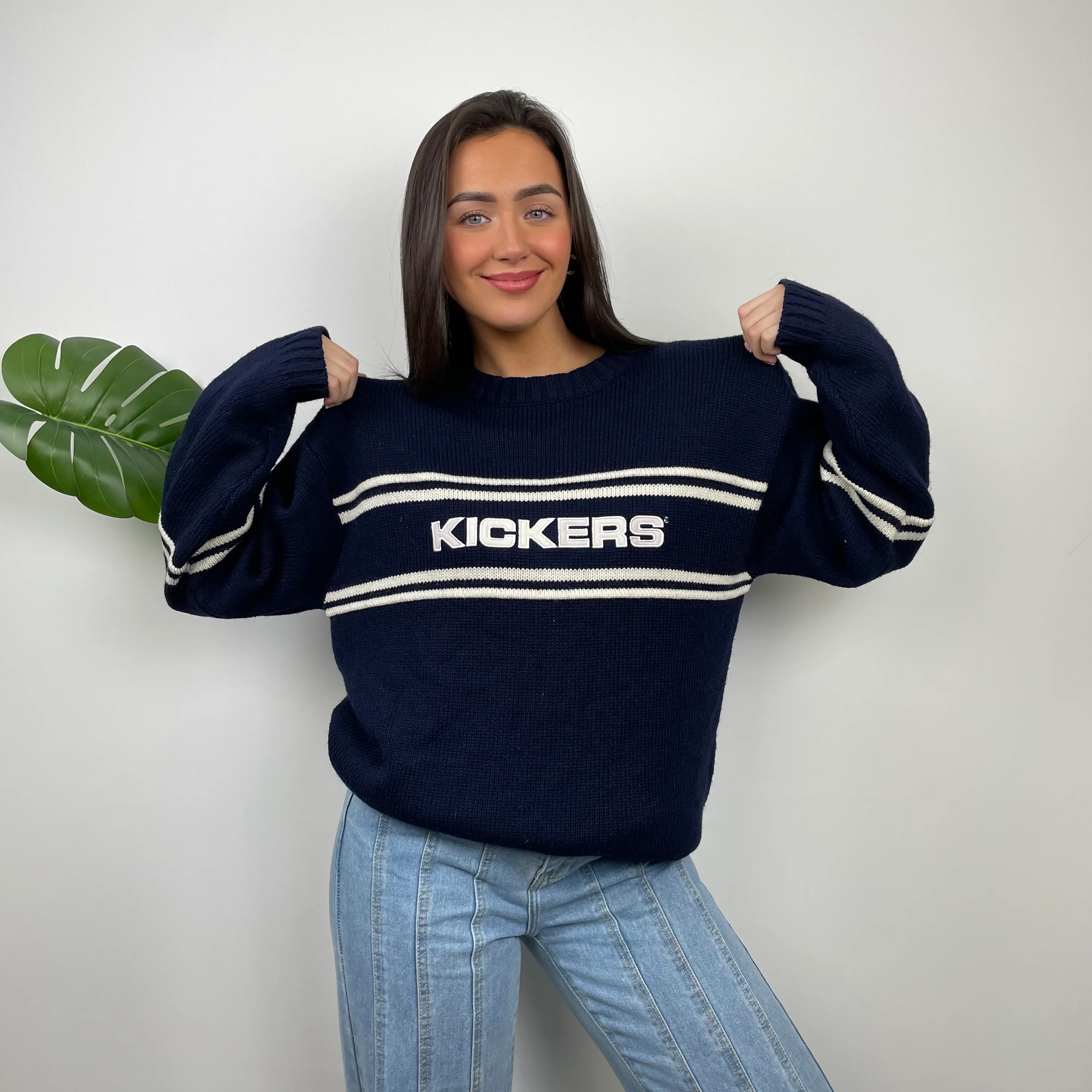 Kickers RARE Navy & Cream Embroidered Spell Out Knitted Sweater (L) - Image 10