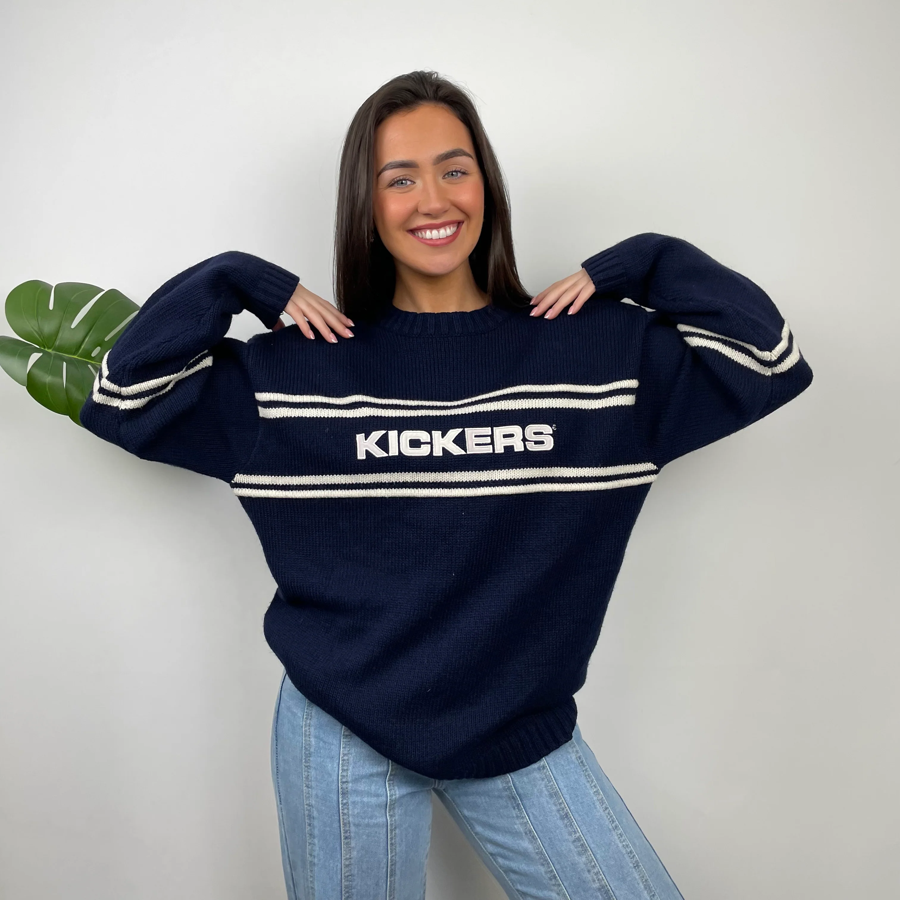 Kickers RARE Navy & Cream Embroidered Spell Out Knitted Sweater (L) - Image 3