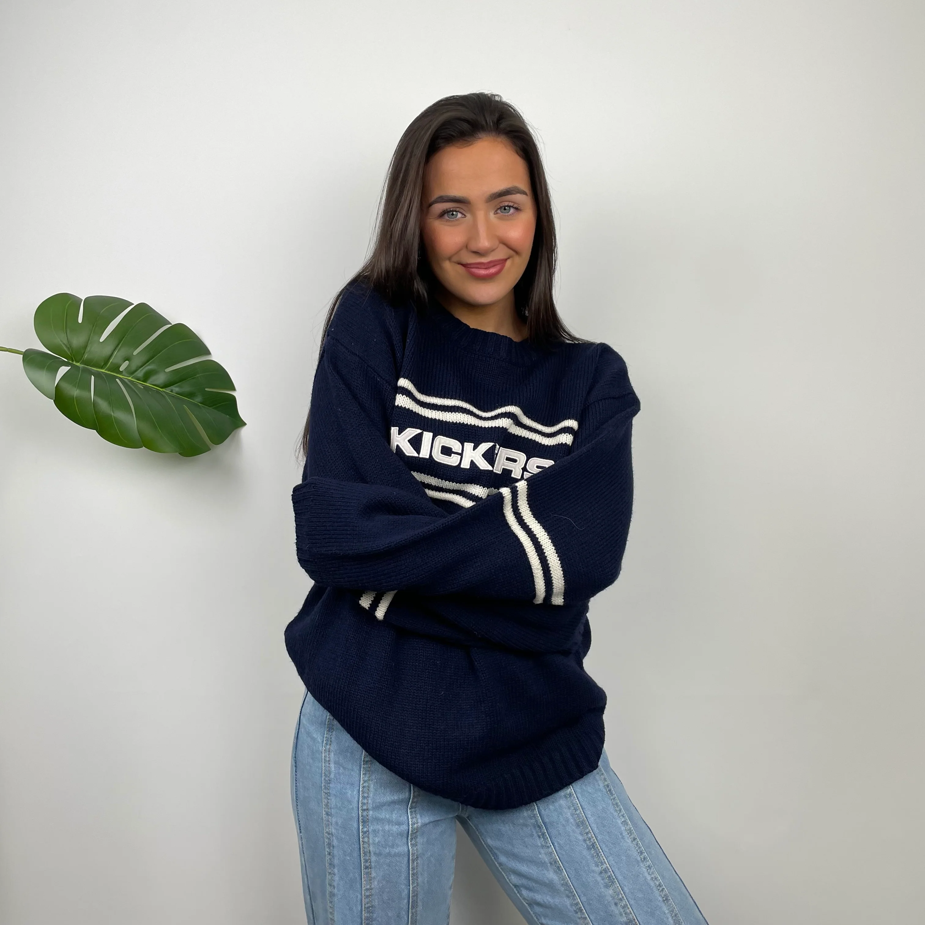 Kickers RARE Navy & Cream Embroidered Spell Out Knitted Sweater (L) - Image 4
