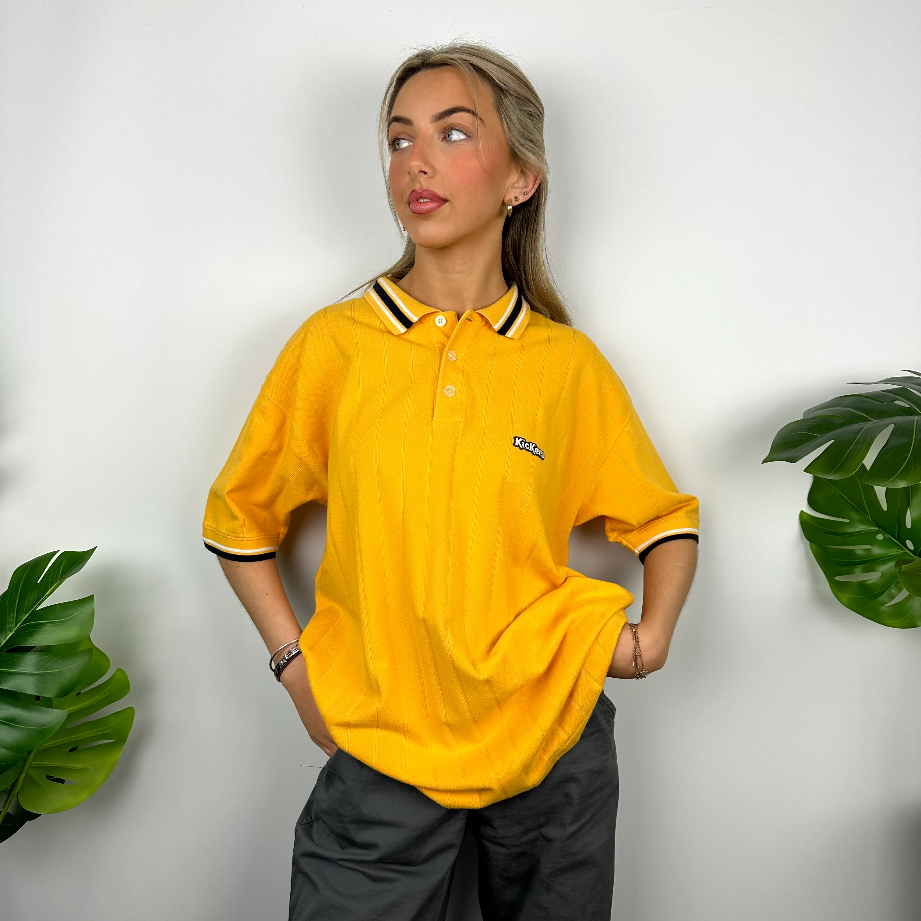 Kickers Yellow Embroidered Spell Out Polo Shirt (M) - Image 2