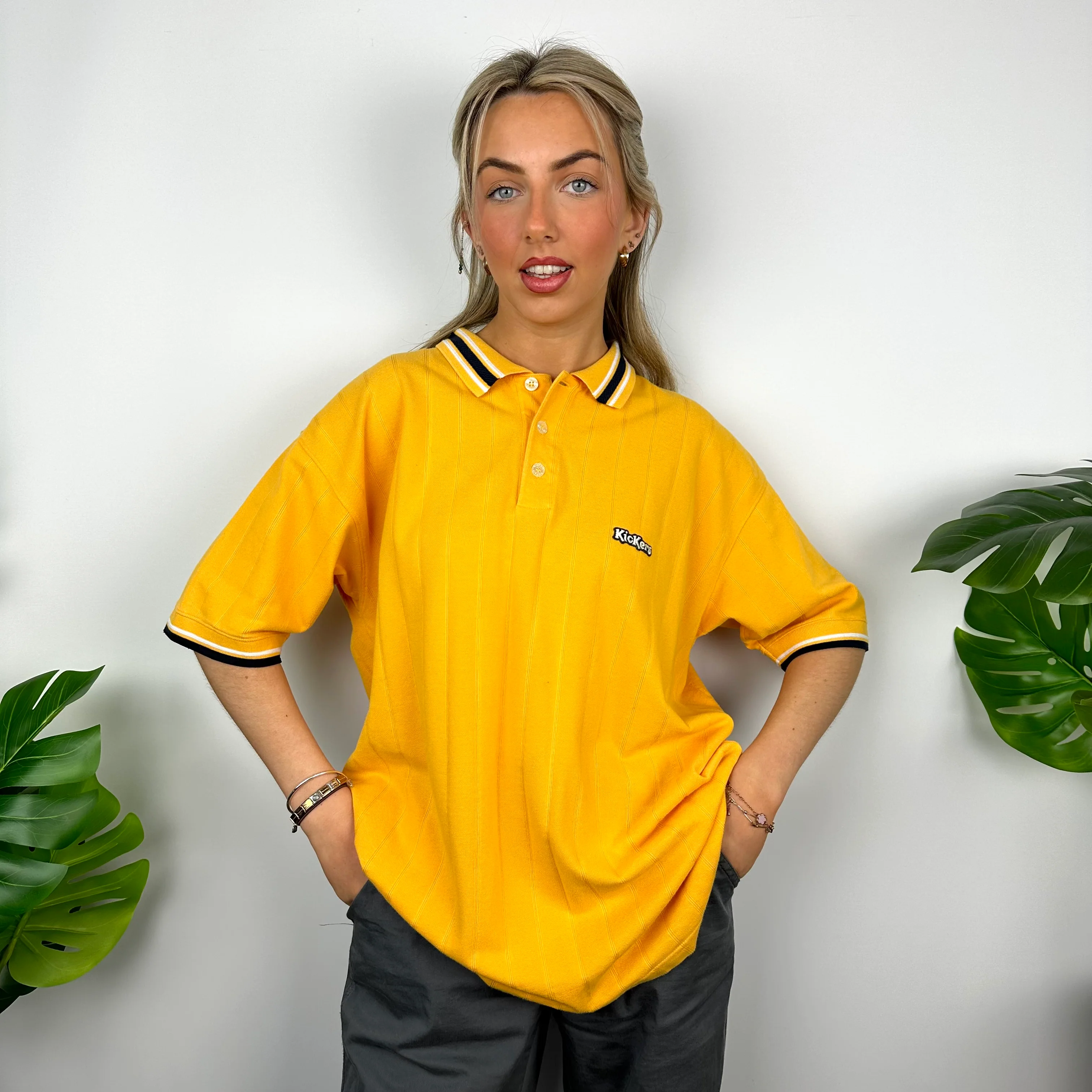Kickers Yellow Embroidered Spell Out Polo Shirt (M) - Image 3