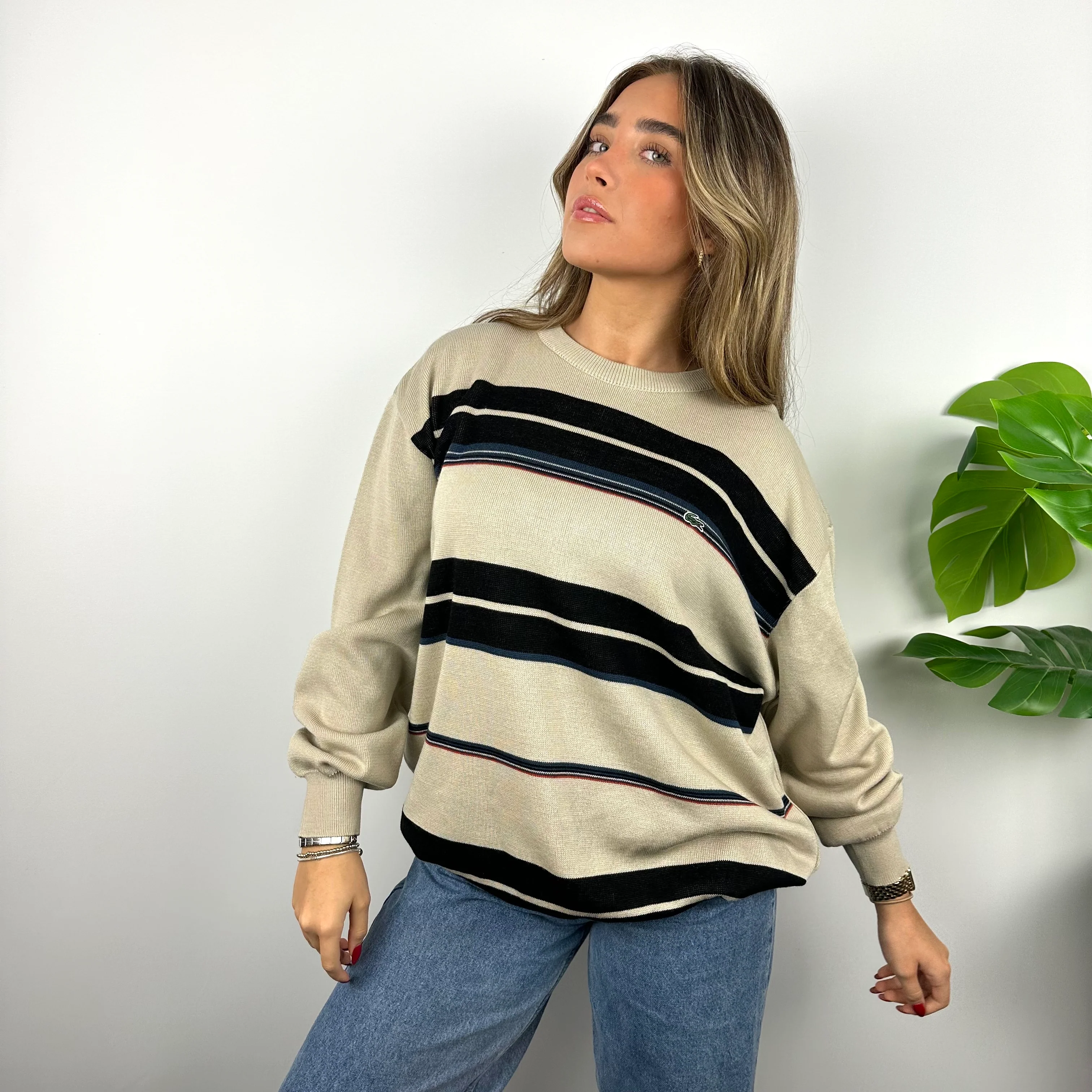 Lacoste RARE Cream Embroidered Logo Striped Knitted Sweater (XXL) - Image 3