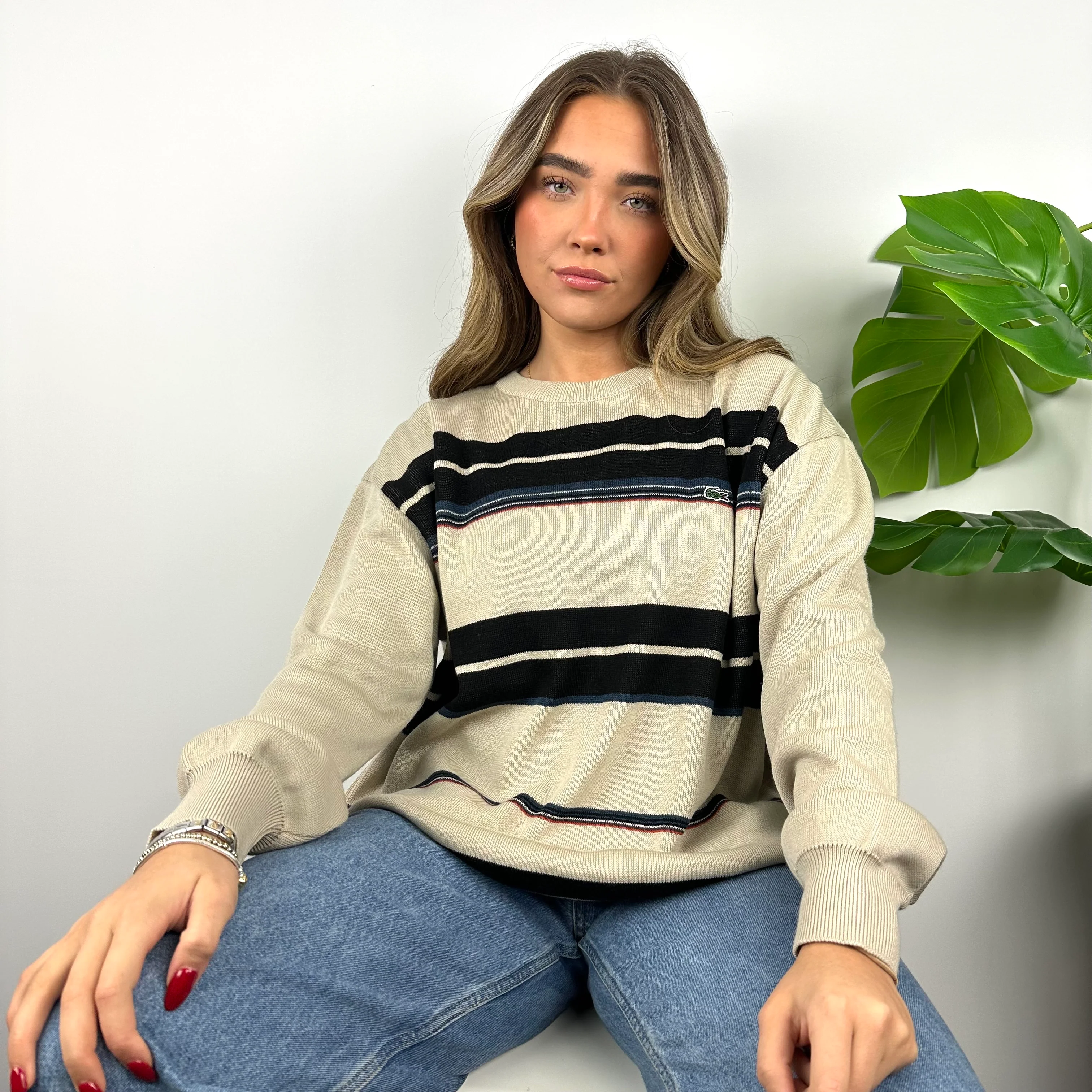 Lacoste RARE Cream Embroidered Logo Striped Knitted Sweater (XXL) - Image 4
