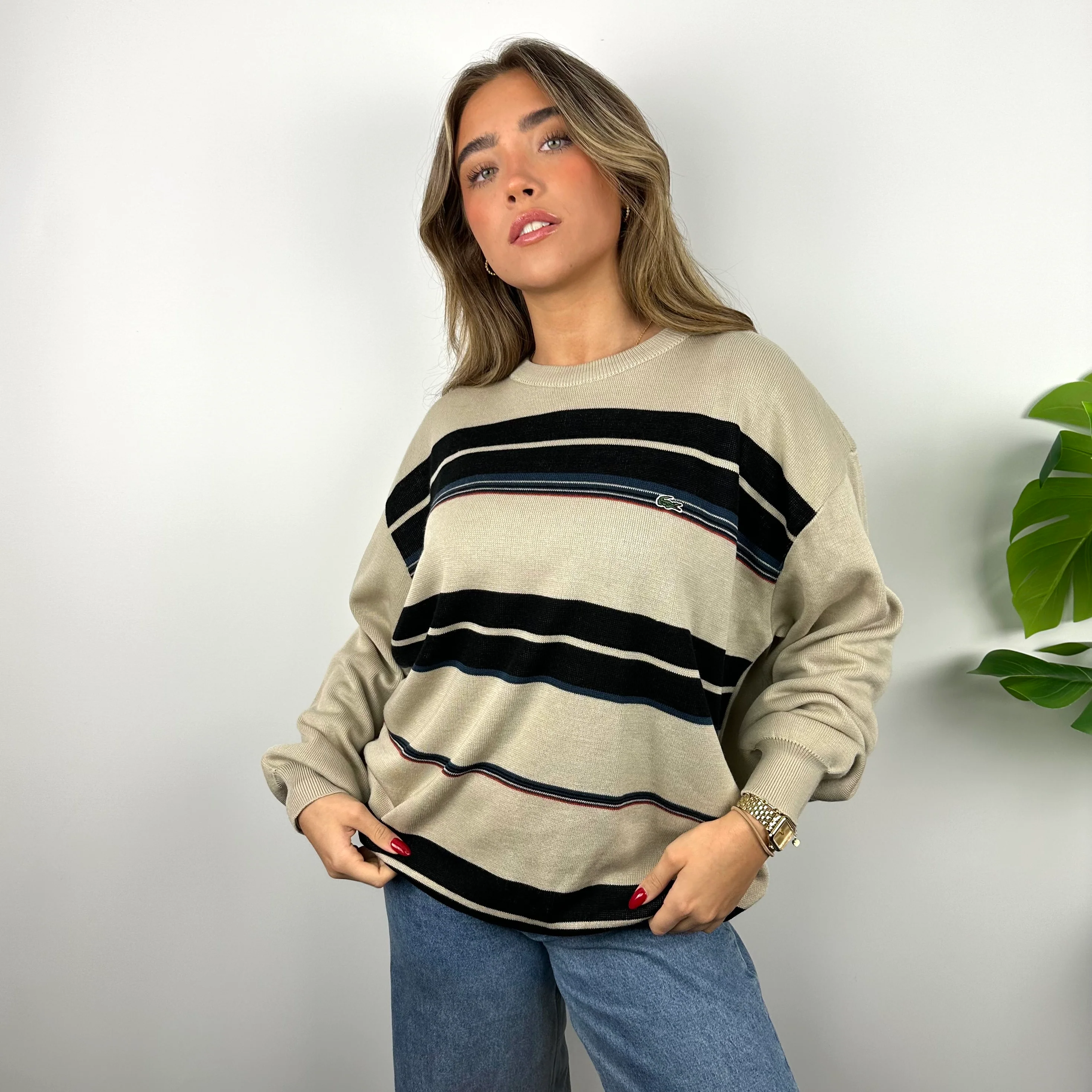 Lacoste RARE Cream Embroidered Logo Striped Knitted Sweater (XXL) - Image 5