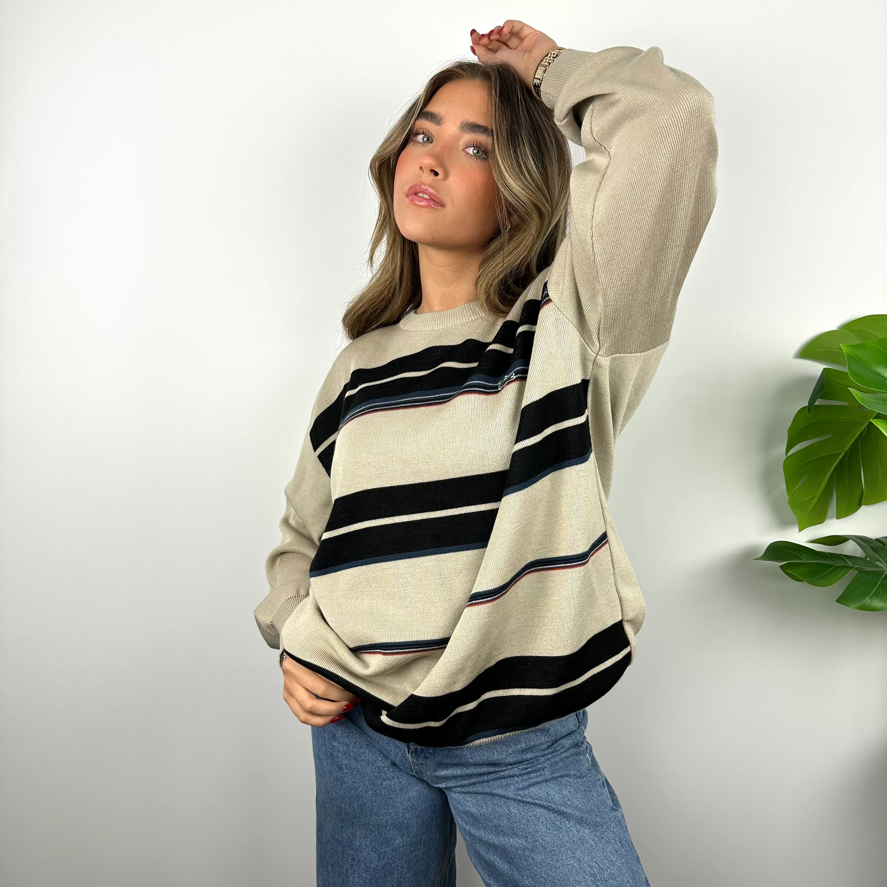 Lacoste RARE Cream Embroidered Logo Striped Knitted Sweater (XXL) - Image 6