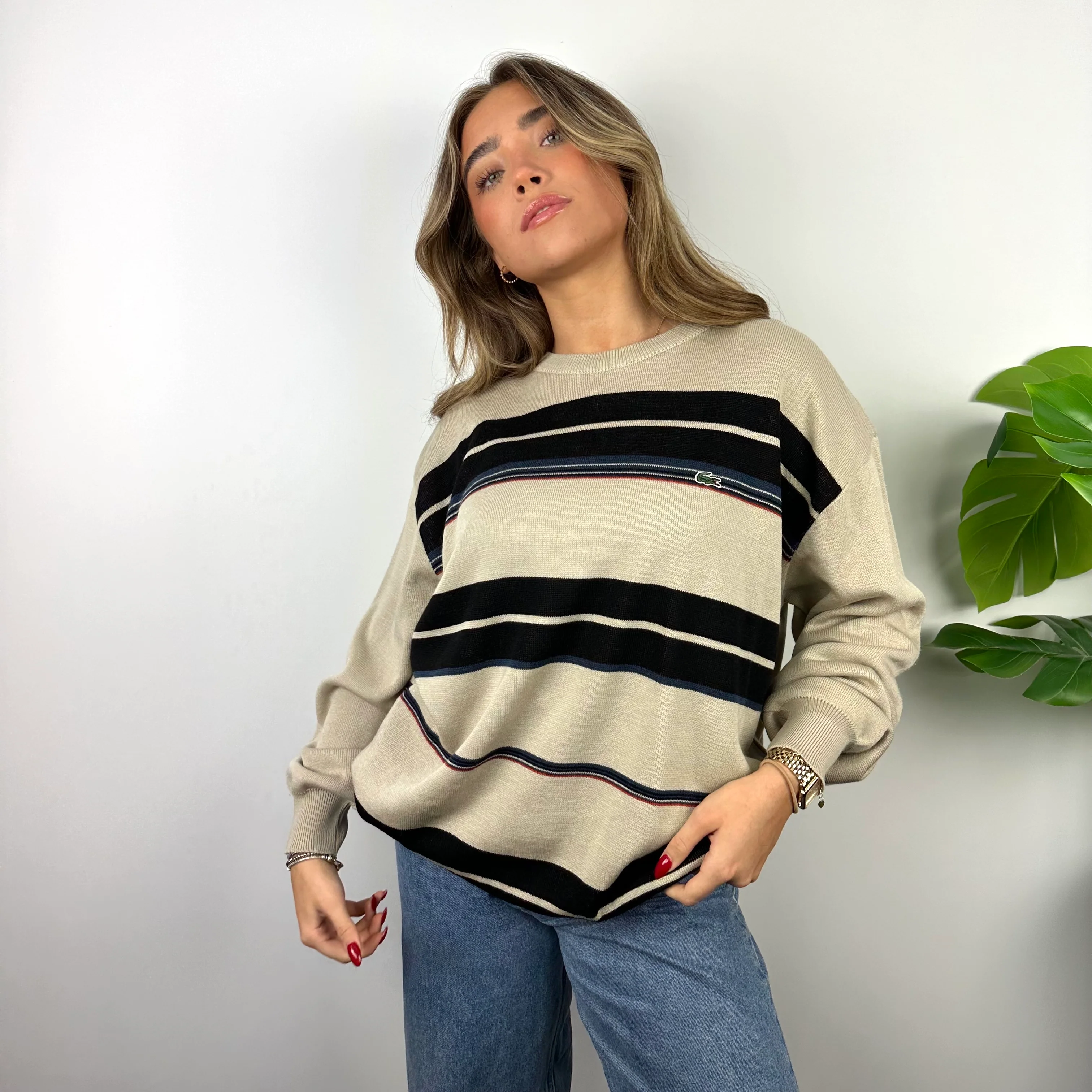 Lacoste RARE Cream Embroidered Logo Striped Knitted Sweater (XXL) - Image 7