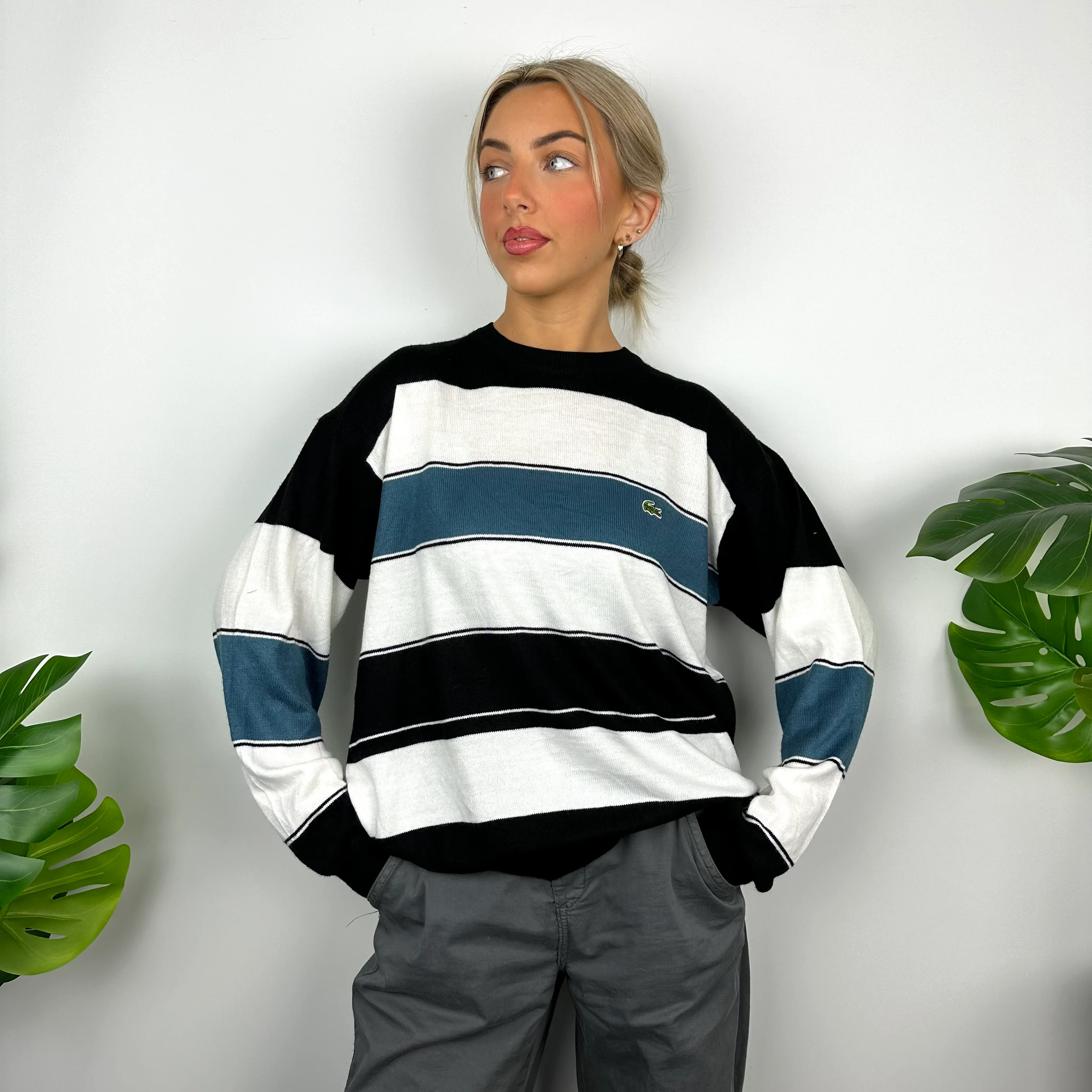 Lacoste White, Black & Navy Striped Embroidered Logo Sweater (M) - Image 4