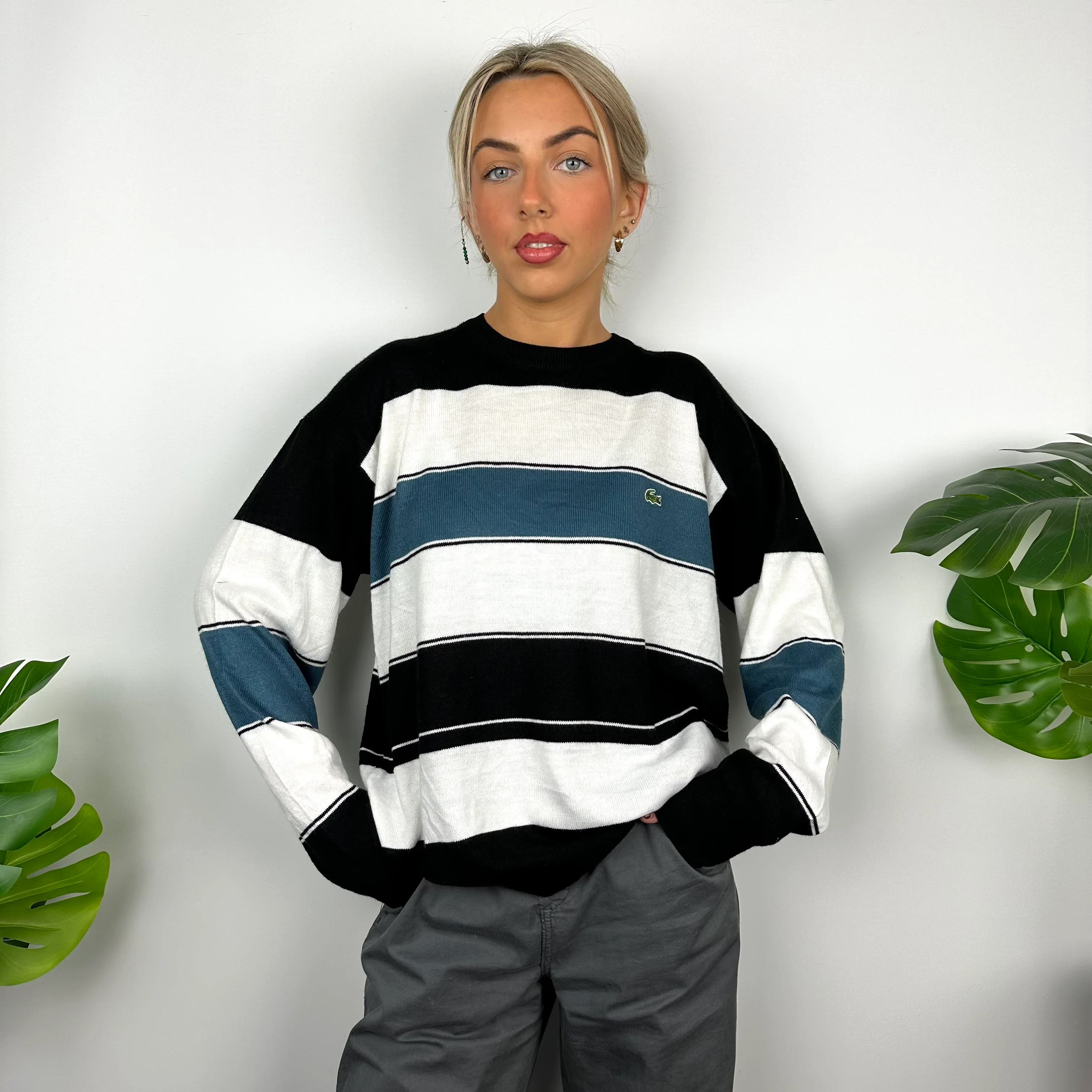 Lacoste White, Black & Navy Striped Embroidered Logo Sweater (M) - Image 5