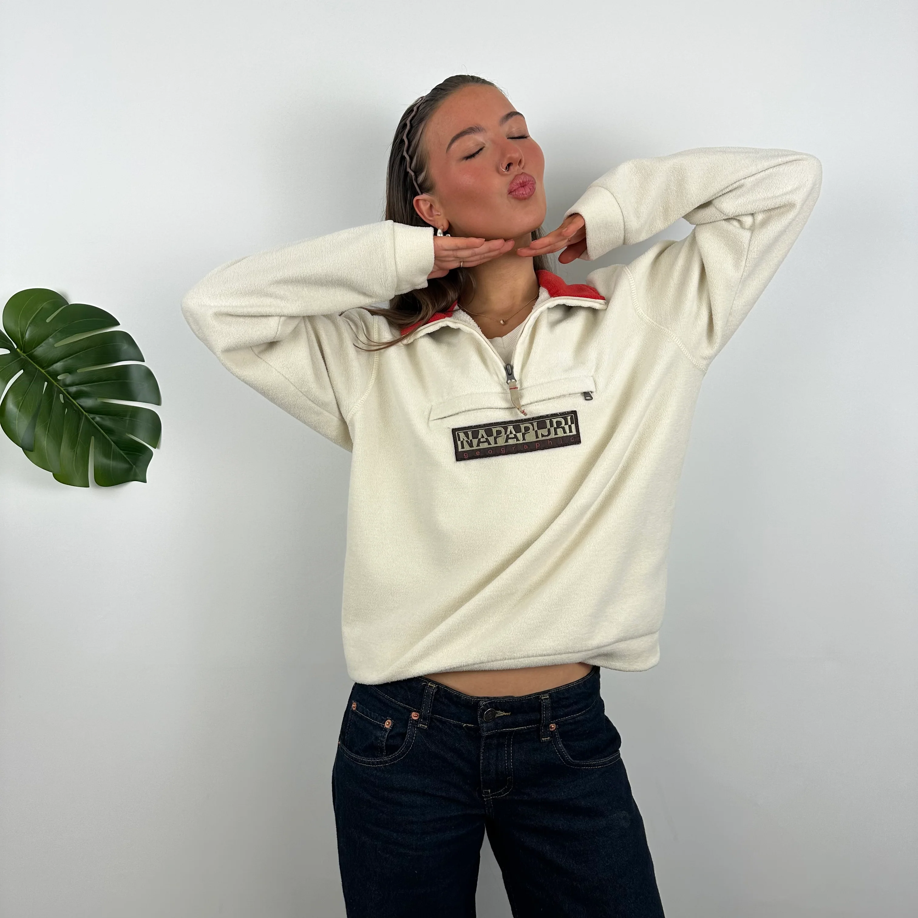 Napapijri Cream Embroidered Spell Out Teddy Bear Fleece Quarter Zip (M) - Image 3