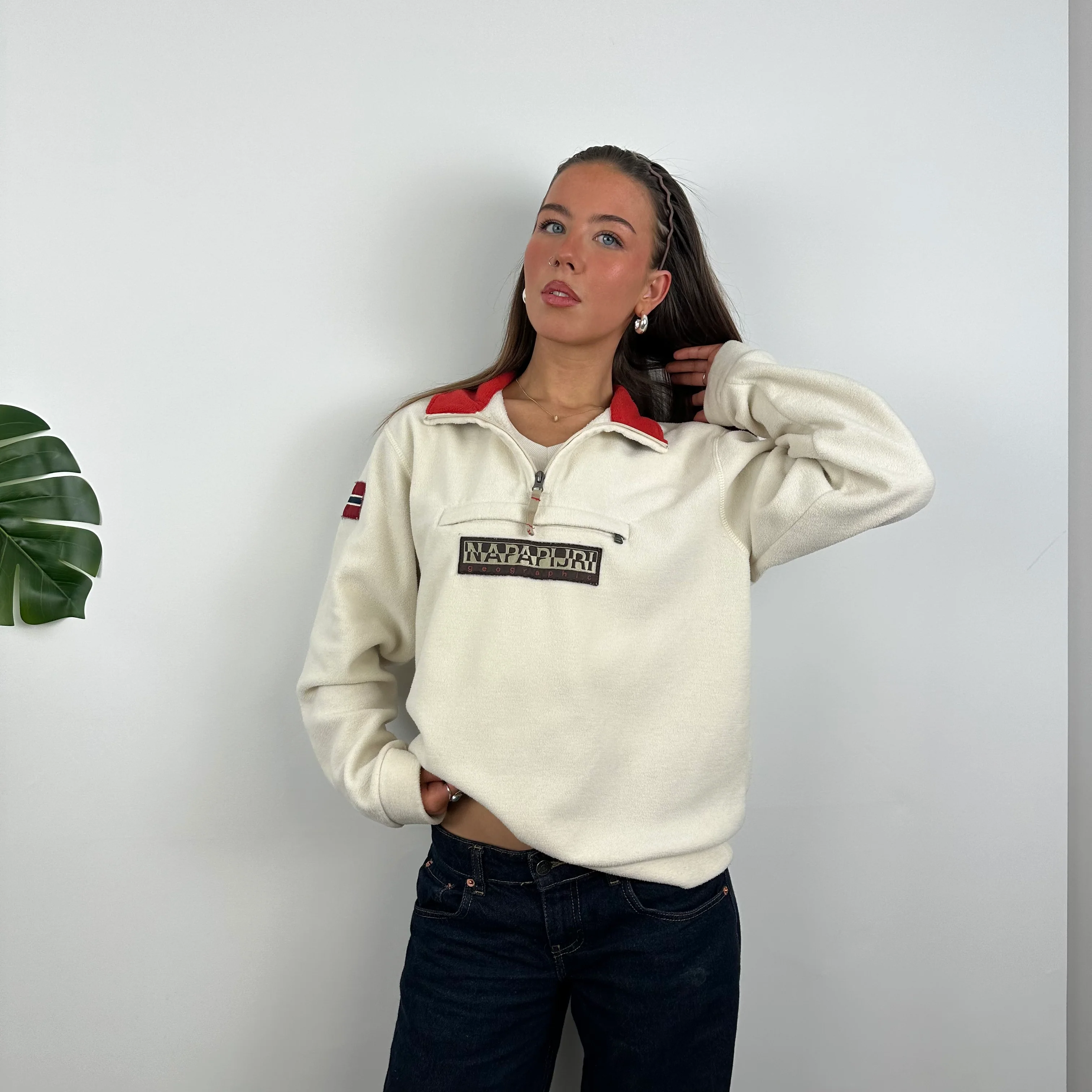 Napapijri Cream Embroidered Spell Out Teddy Bear Fleece Quarter Zip (M) - Image 4