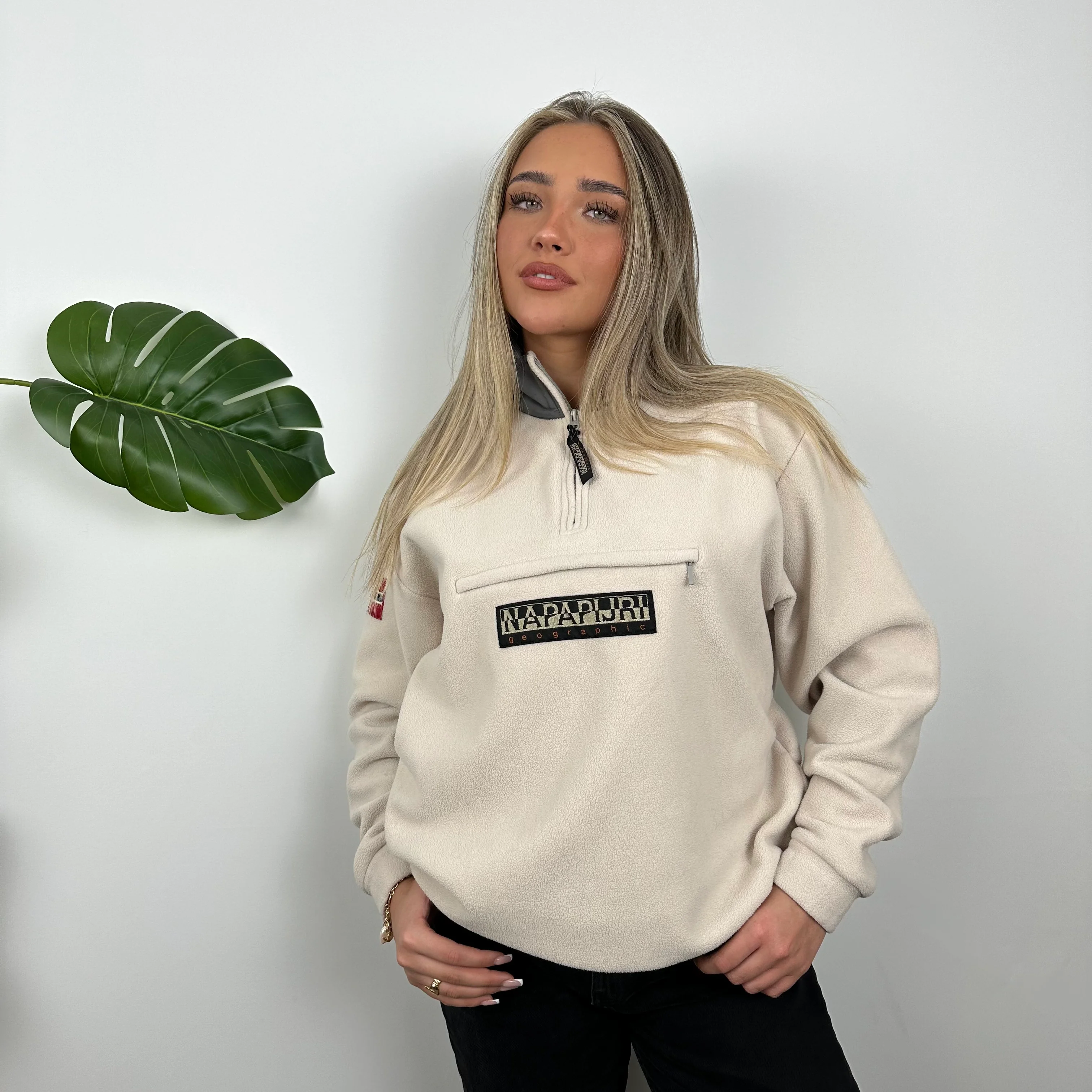 Napapijri Cream Embroidered Spell Out Teddy Bear Fleece Quarter Zip (M) - Image 3