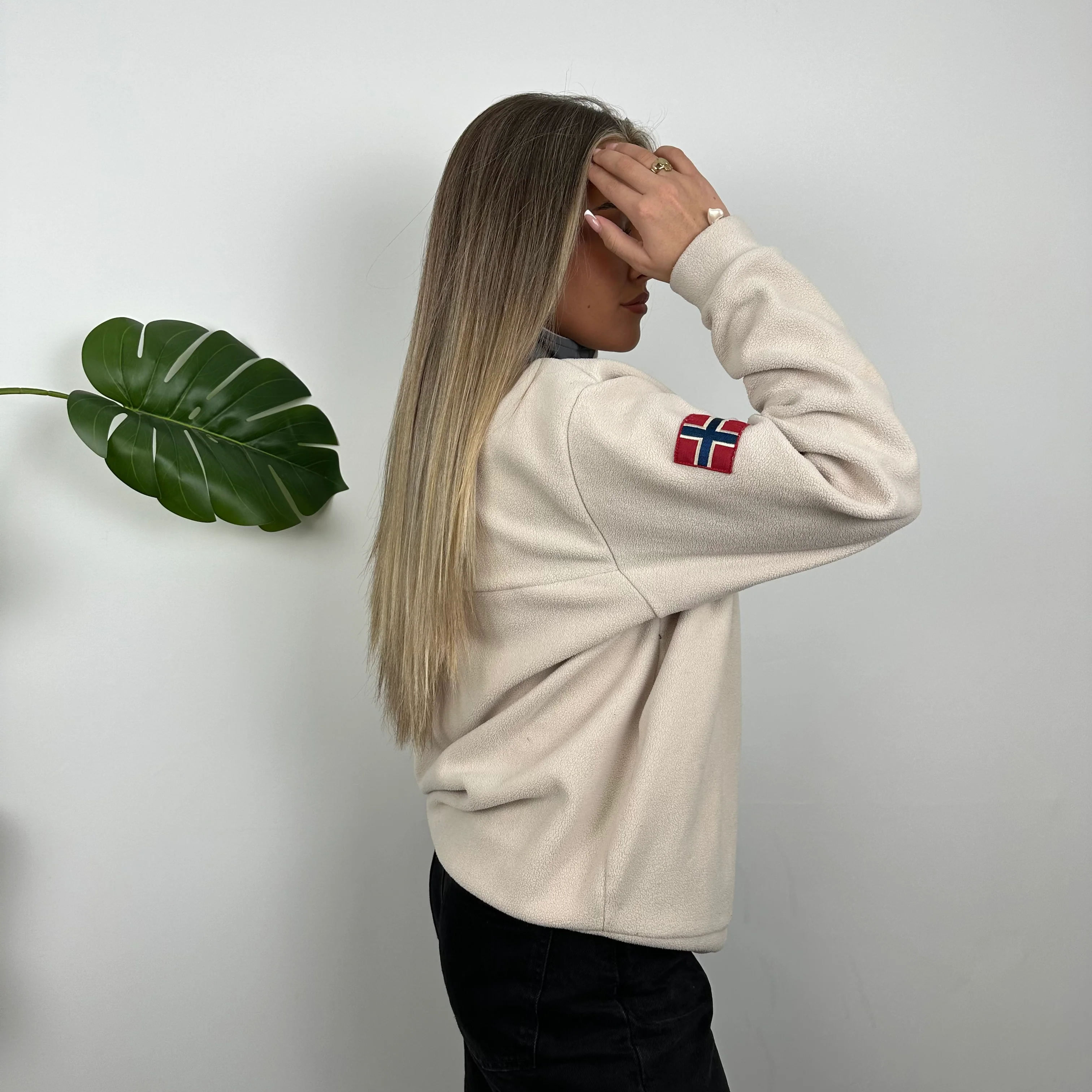 Napapijri Cream Embroidered Spell Out Teddy Bear Fleece Quarter Zip (M) - Image 4