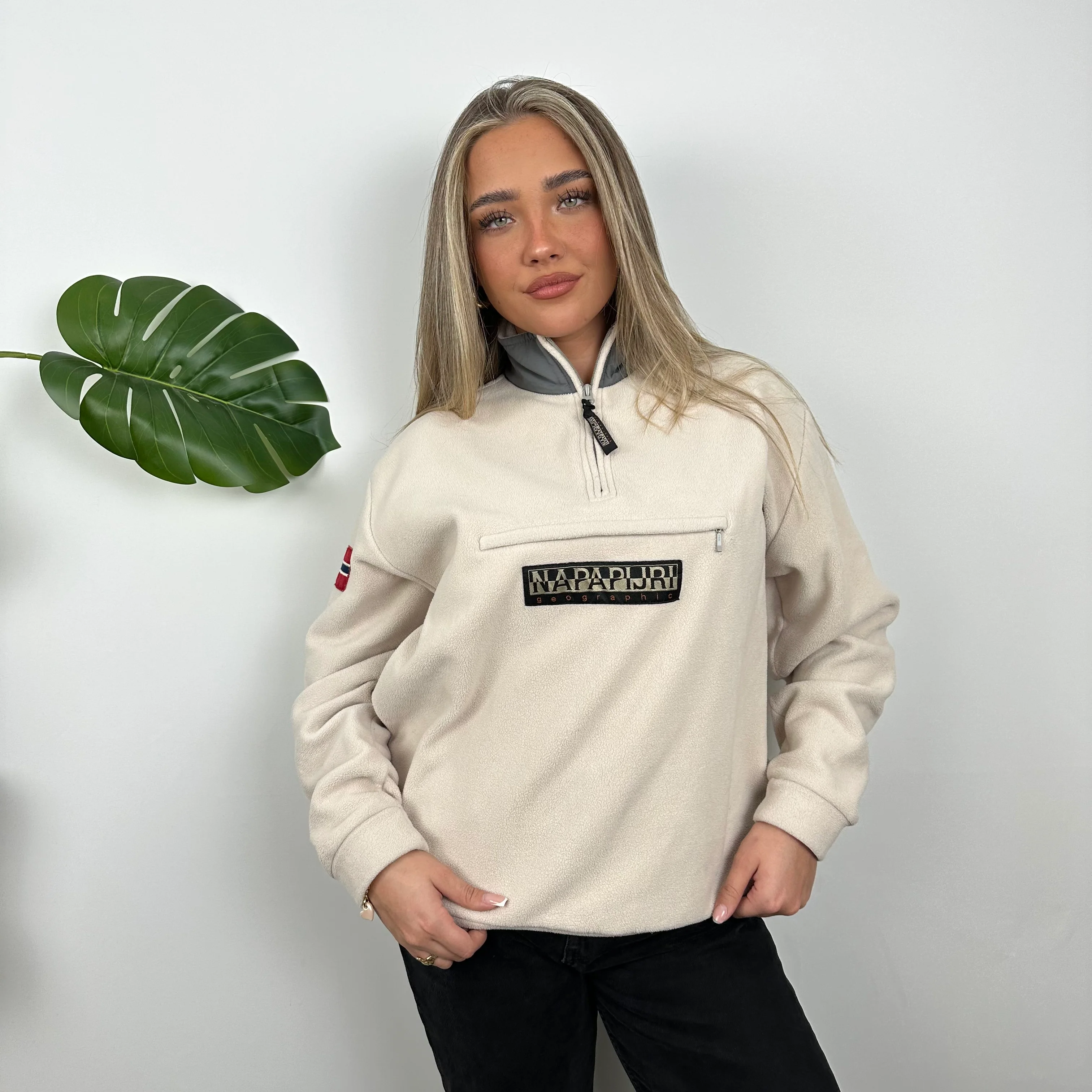 Napapijri Cream Embroidered Spell Out Teddy Bear Fleece Quarter Zip (M) - Image 7