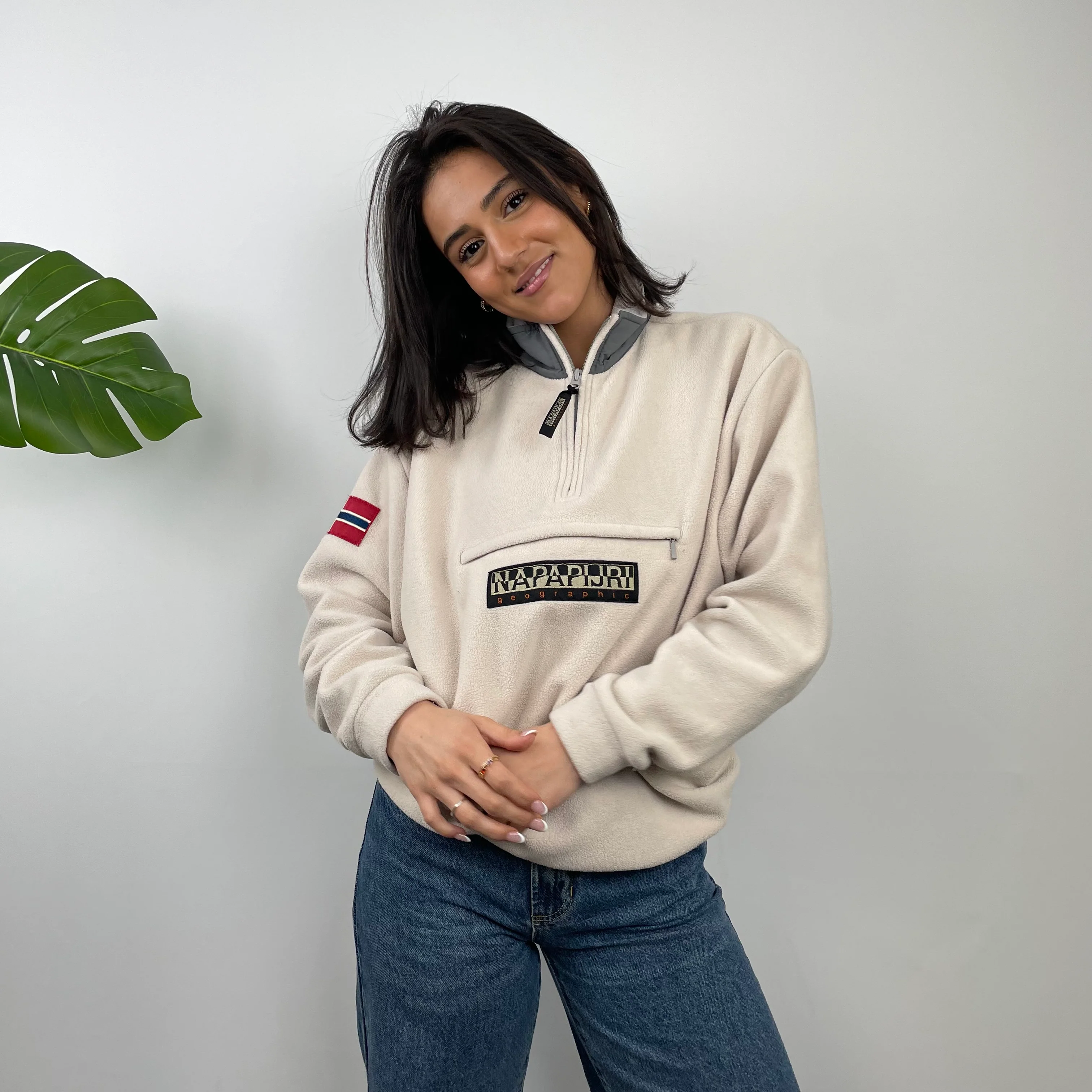 Napapijri Cream Embroidered Spell Out Teddy Bear Fleece Quarter Zip (M) - Image 3